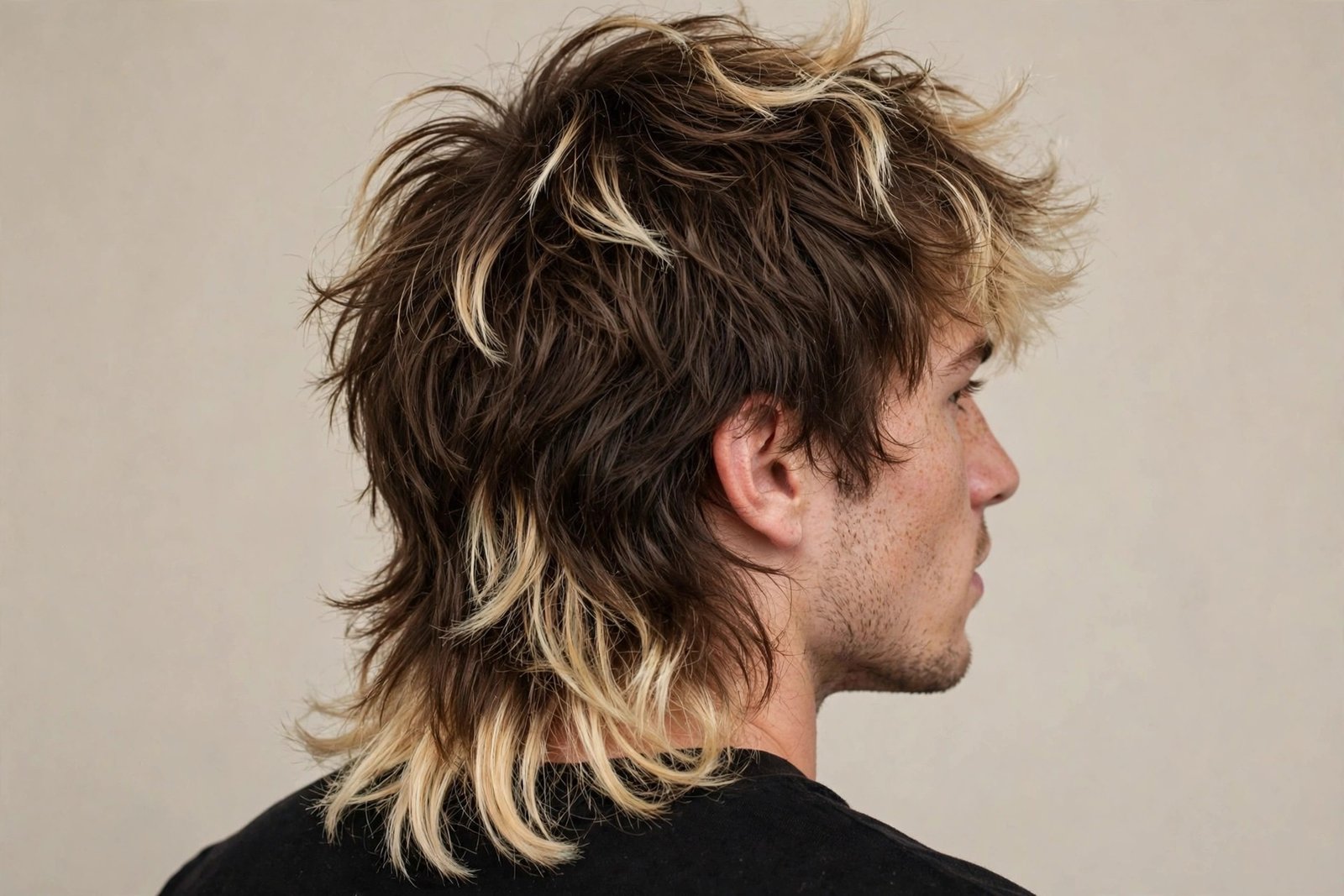 Dyed tip messy mullet with colored ends and natural roots