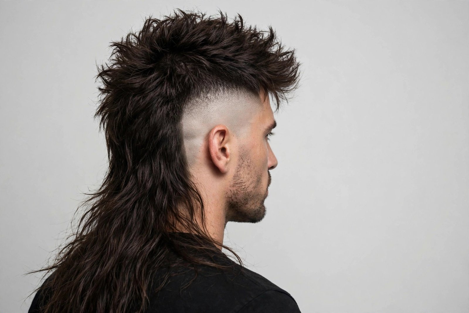 Messy mullet with high fade and bold contrast styling