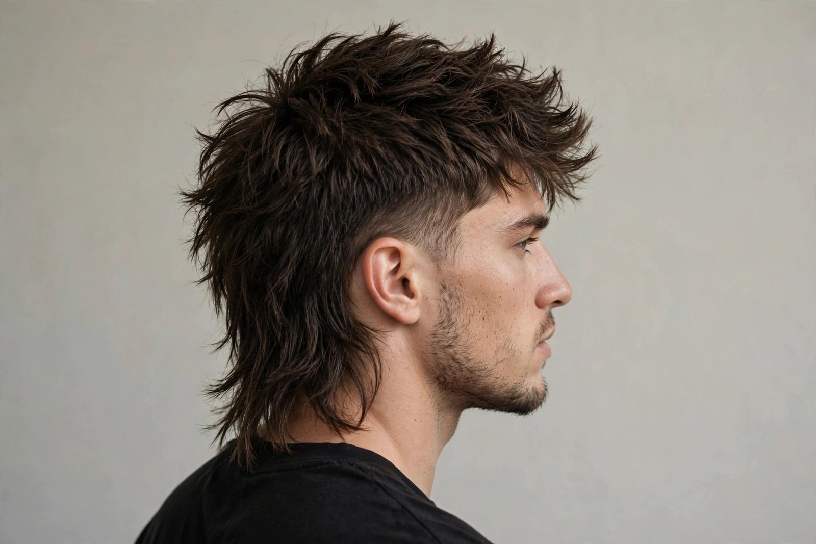 Textured top messy mullet with defined crown texture and neat tail