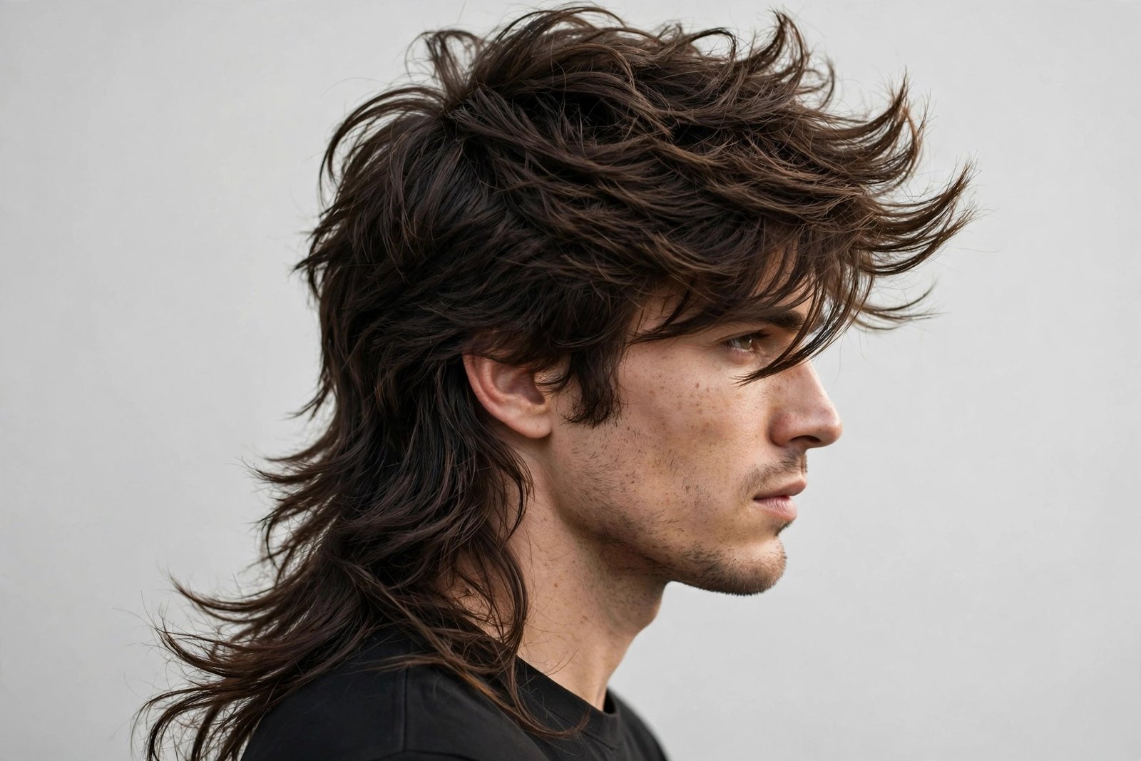 Side-swept messy mullet with asymmetric fringe and texture