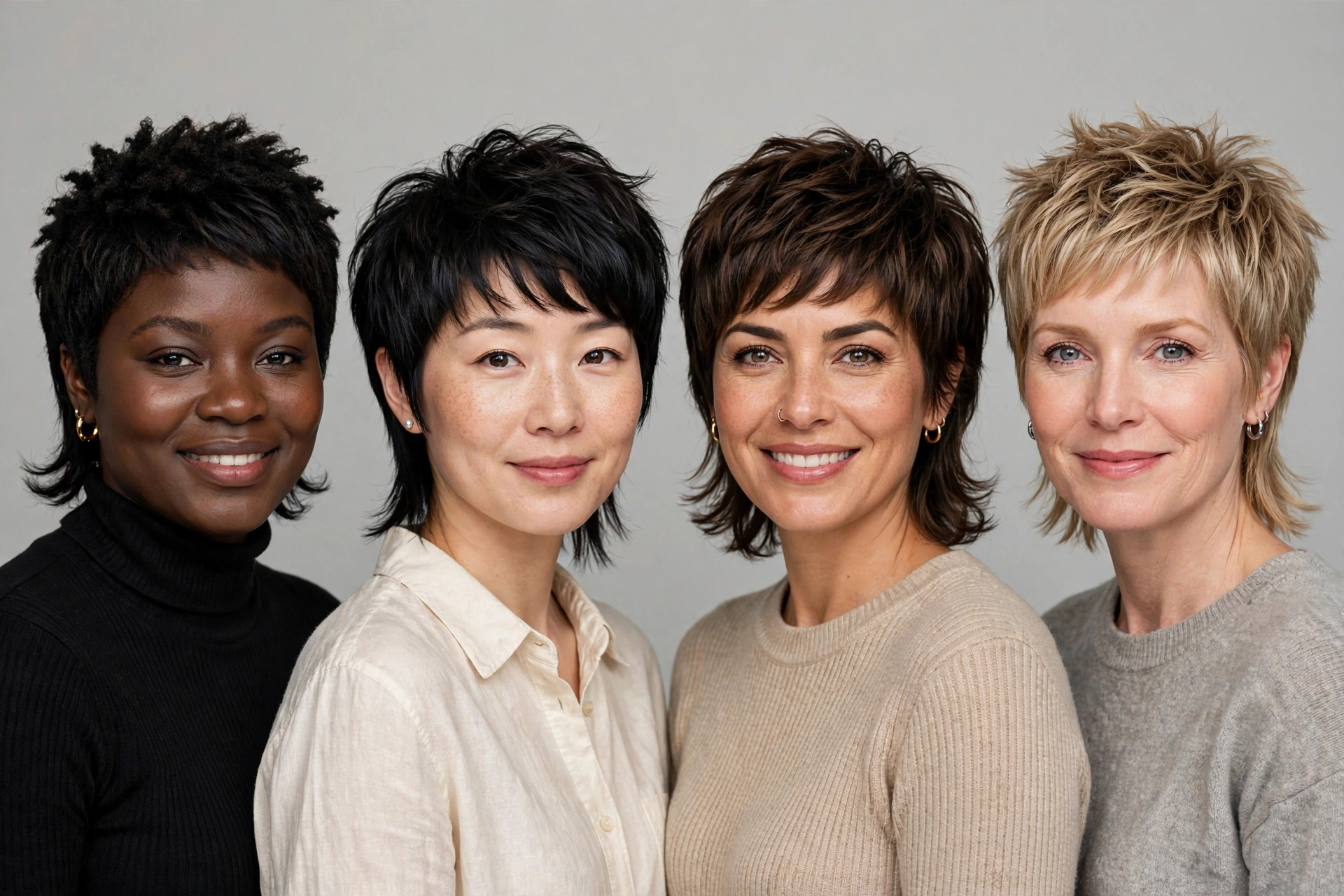 Diverse women with different face shapes wearing mixie haircuts, flattering angles portrait