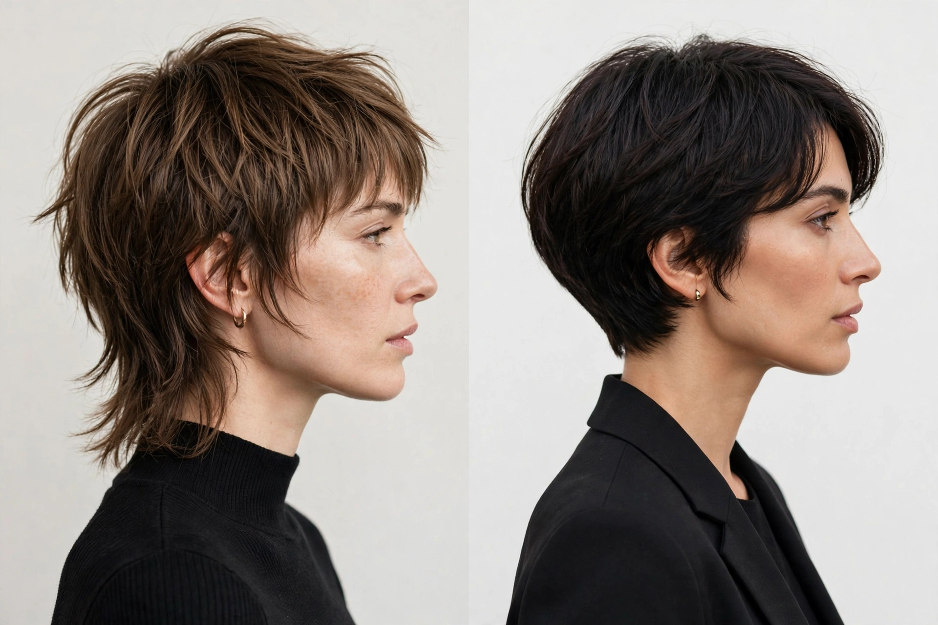 Side-by-side comparison of mixie vs bixie haircut silhouettes on two women