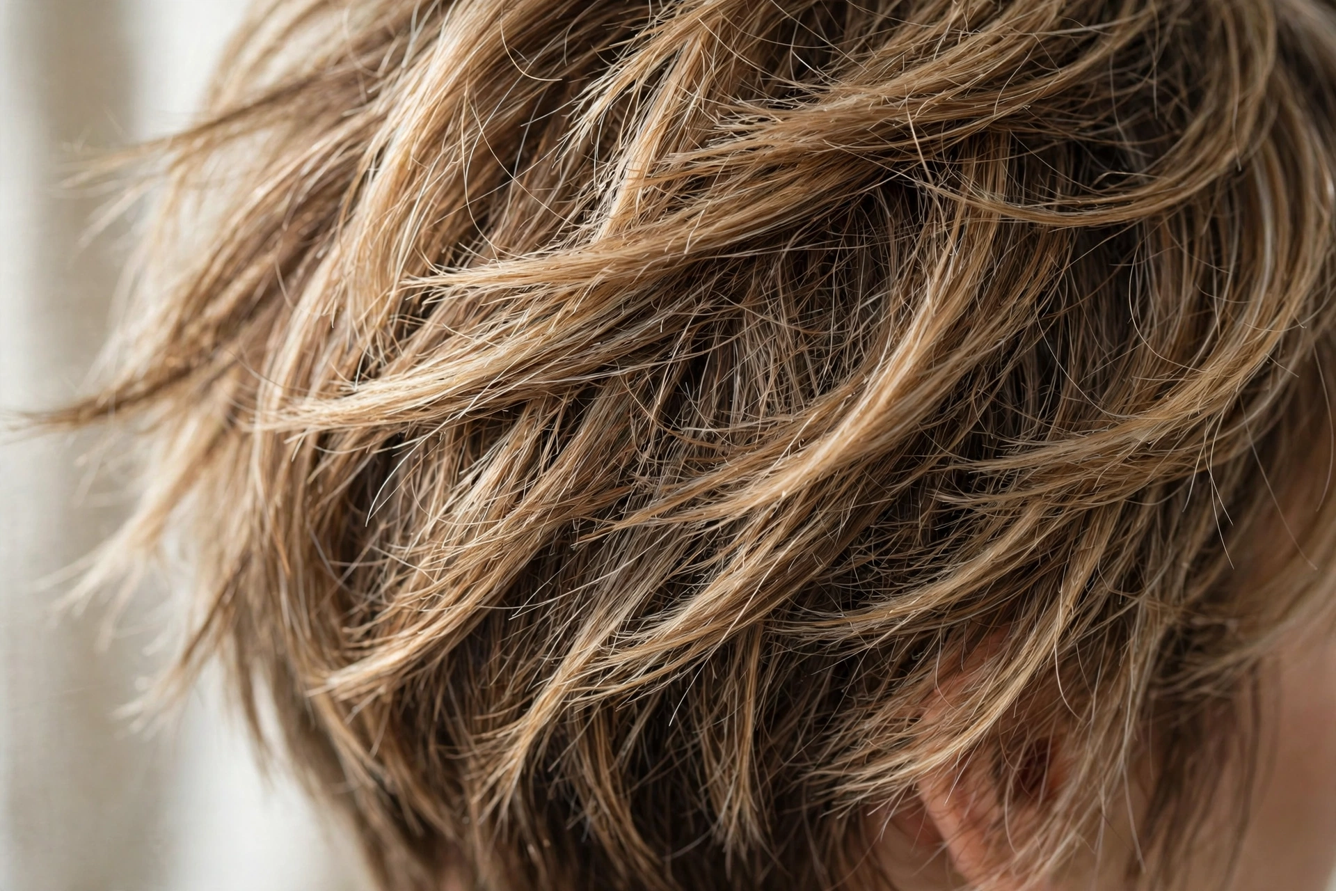Close-up of fine hair in textured mixie cut showing density and piece-y definition