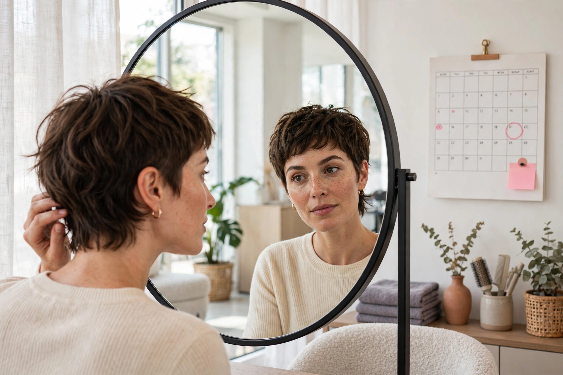 Calendar reminder concept with woman checking fresh mixie haircut in mirror
