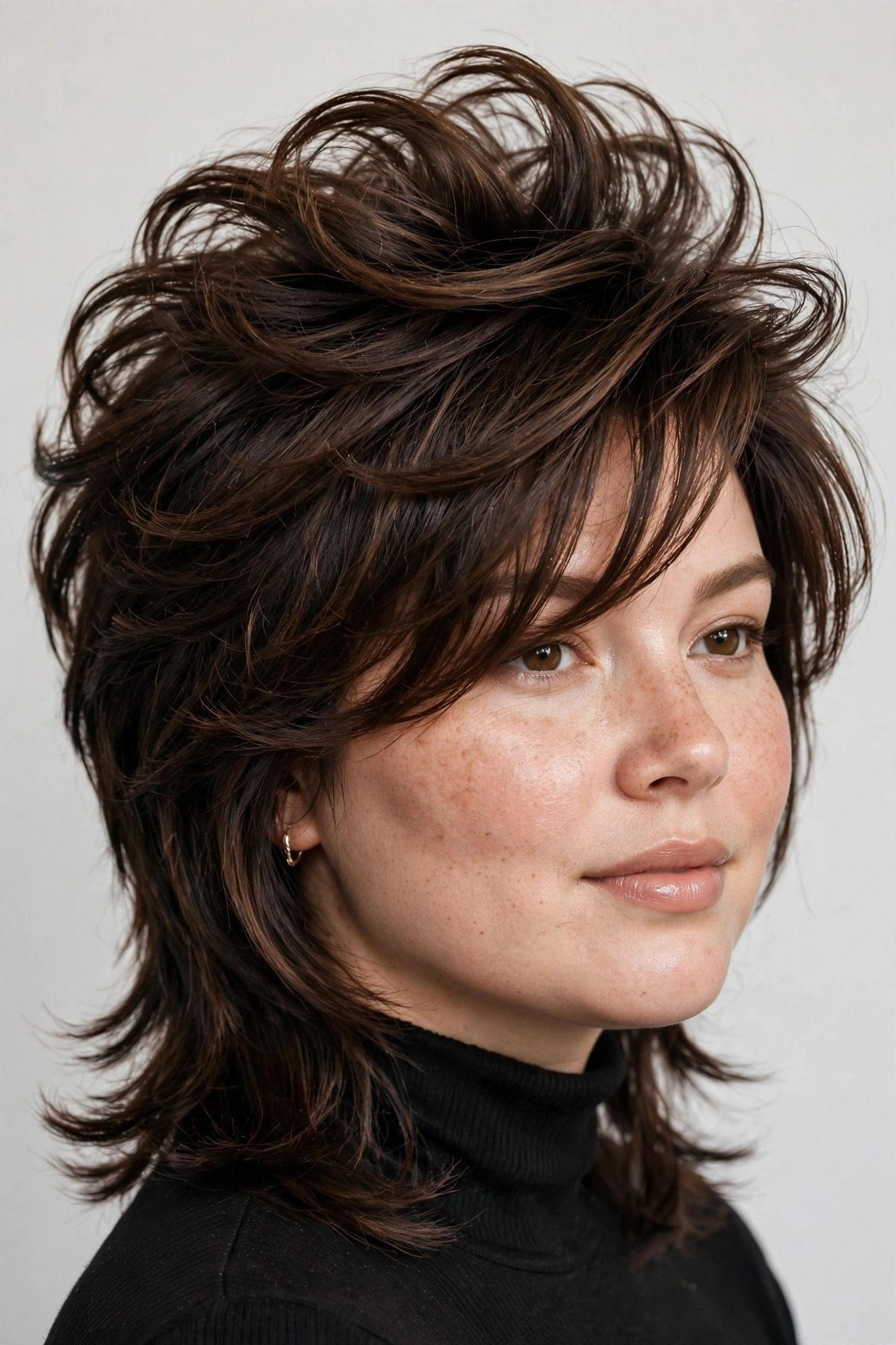 Woman with round face wearing flattering mixie with height on top and side-swept fringe