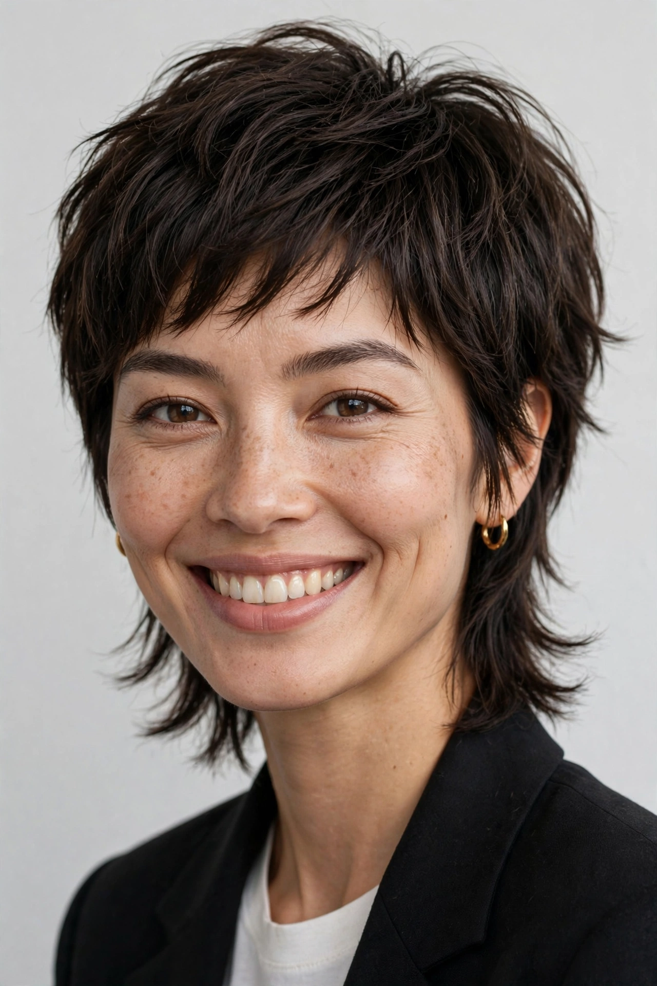 Confident woman with mixie haircut smiling at camera, FAQ header style photo