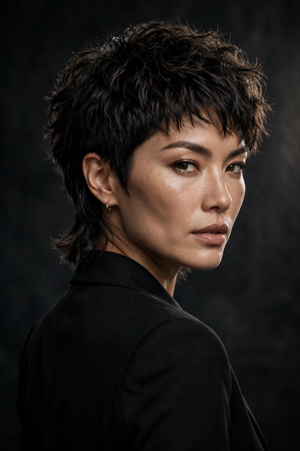 Woman with stunning mixie haircut looking over shoulder, confident powerful portrait
