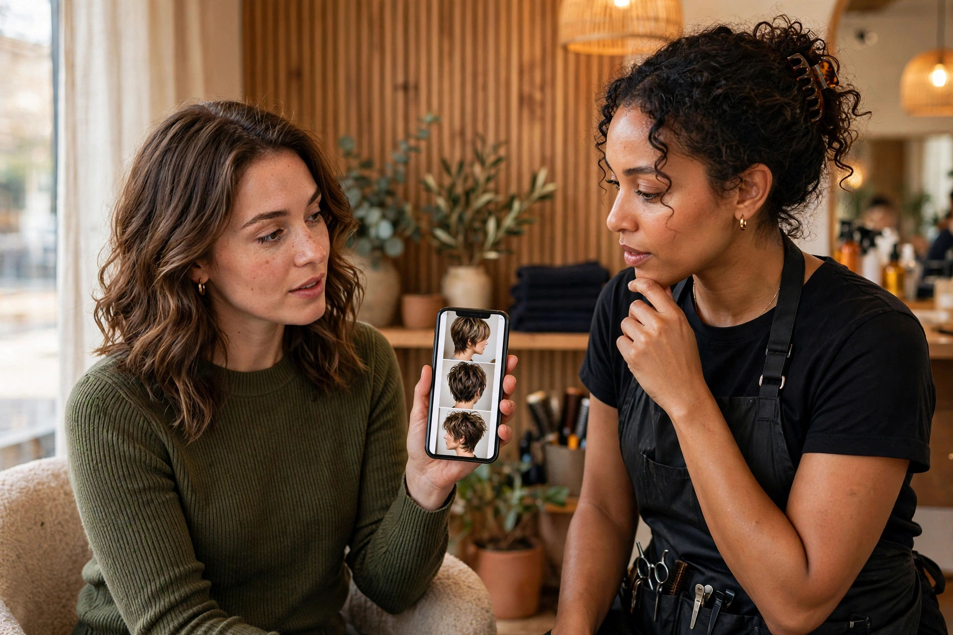 Woman consulting hairstylist showing mixie cut reference photos, salon consultation