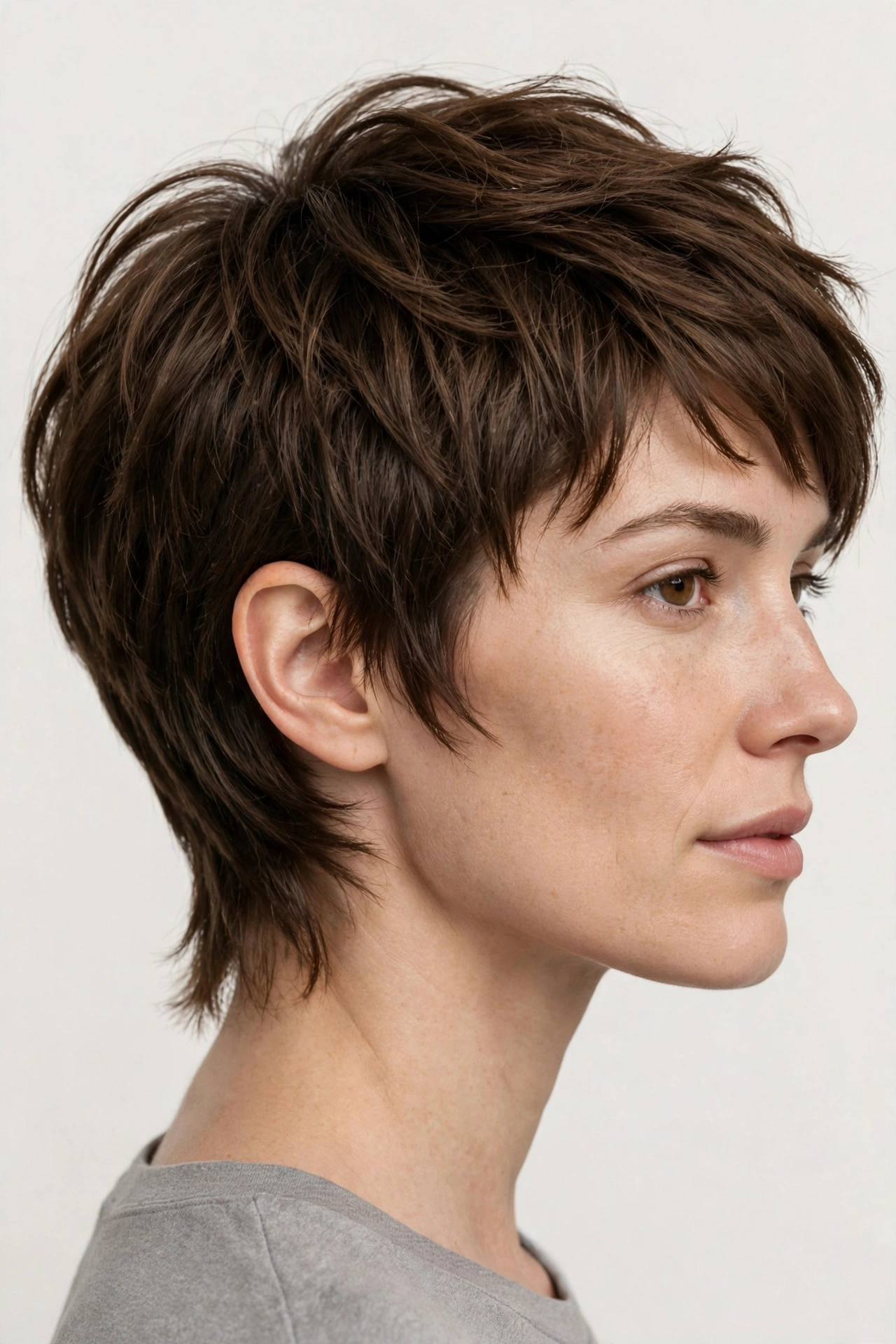 Woman with classic mixie haircut, textured pixie top and soft tapered nape, natural brown hair