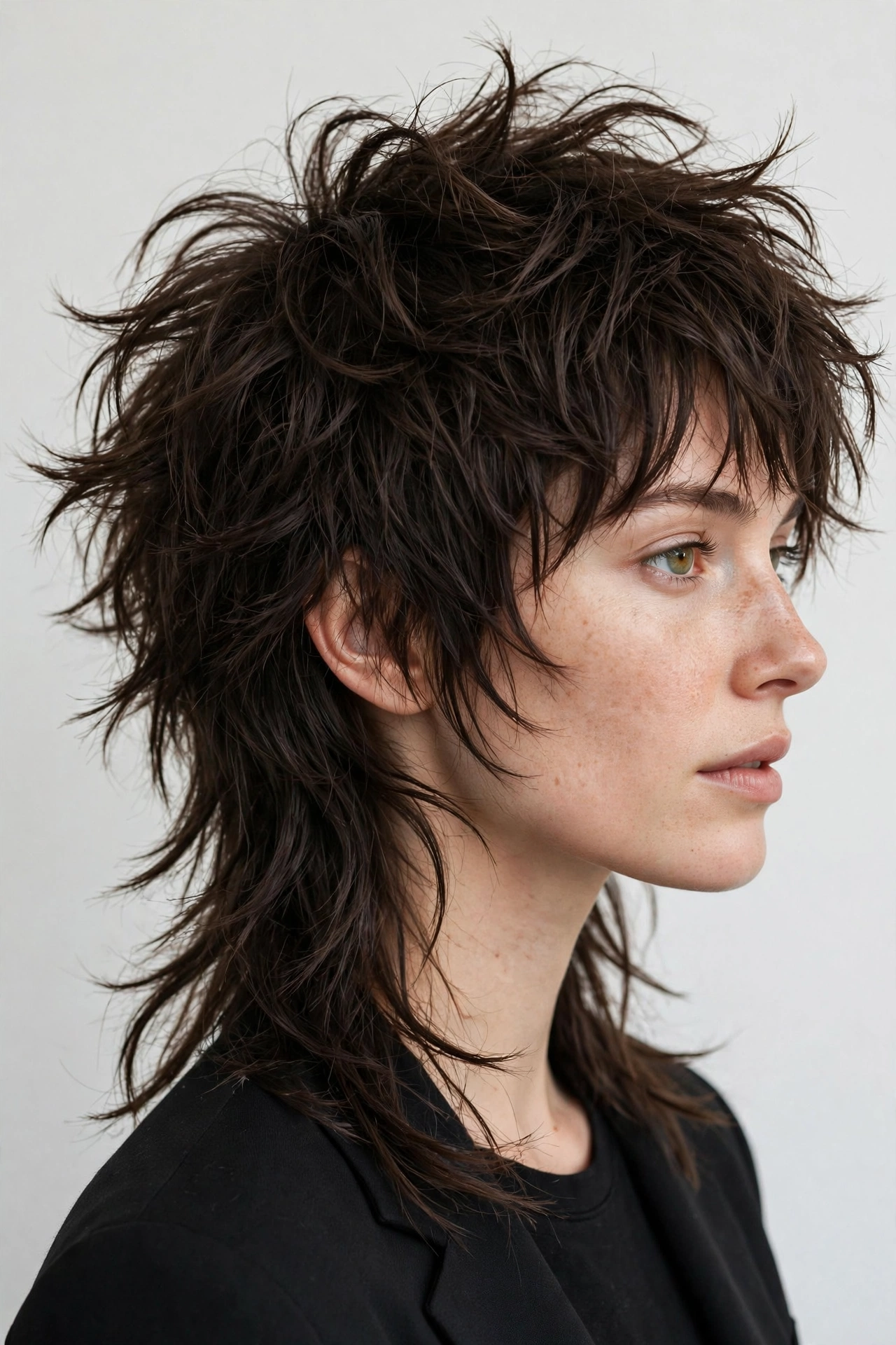 Woman with choppy mixie haircut, heavily textured piece-y layers, tousled finish