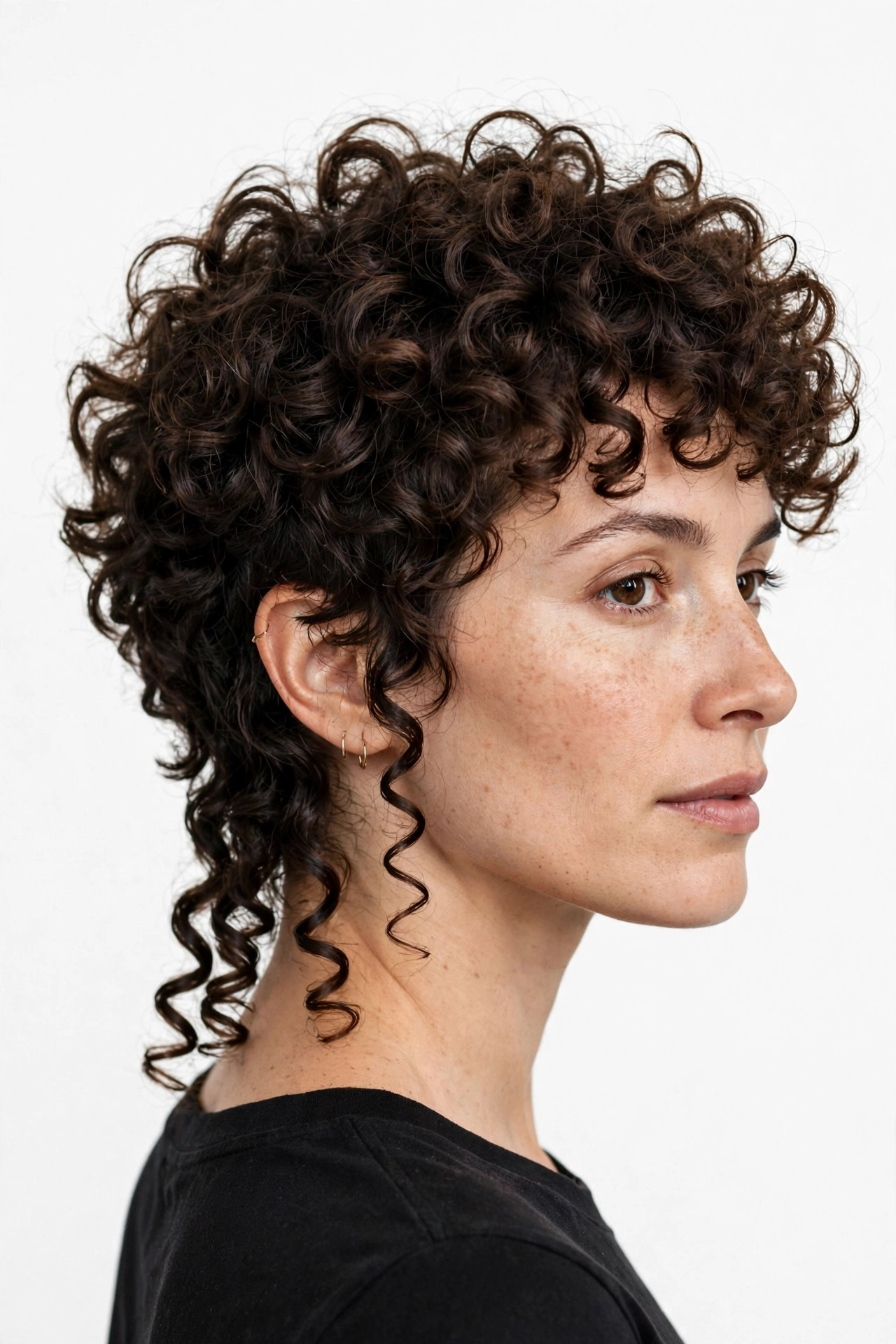 Woman with curly mixie haircut, springy curls on top and longer spiral nape, natural texture