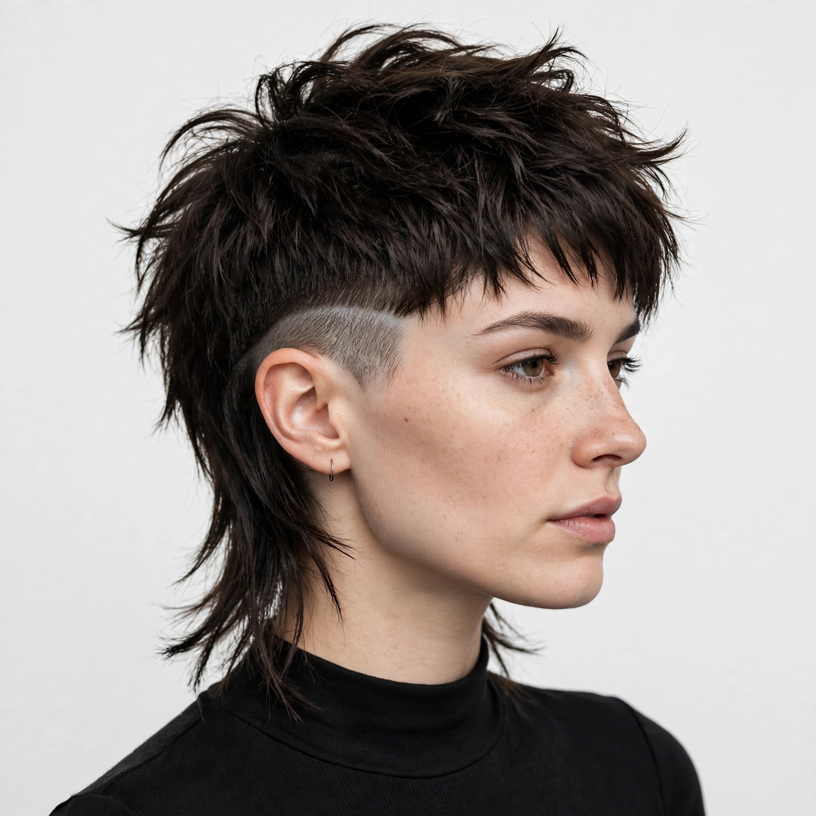 Woman with undercut mixie, shaved side visible under textured pixie top, longer nape, edgy