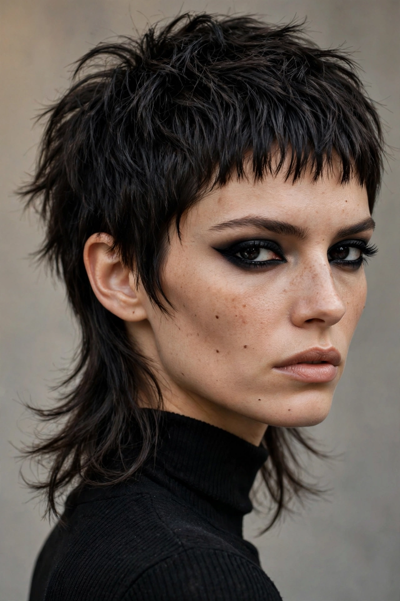 Woman with mixie haircut and choppy micro bangs, bold eyes, fashion editorial portrait