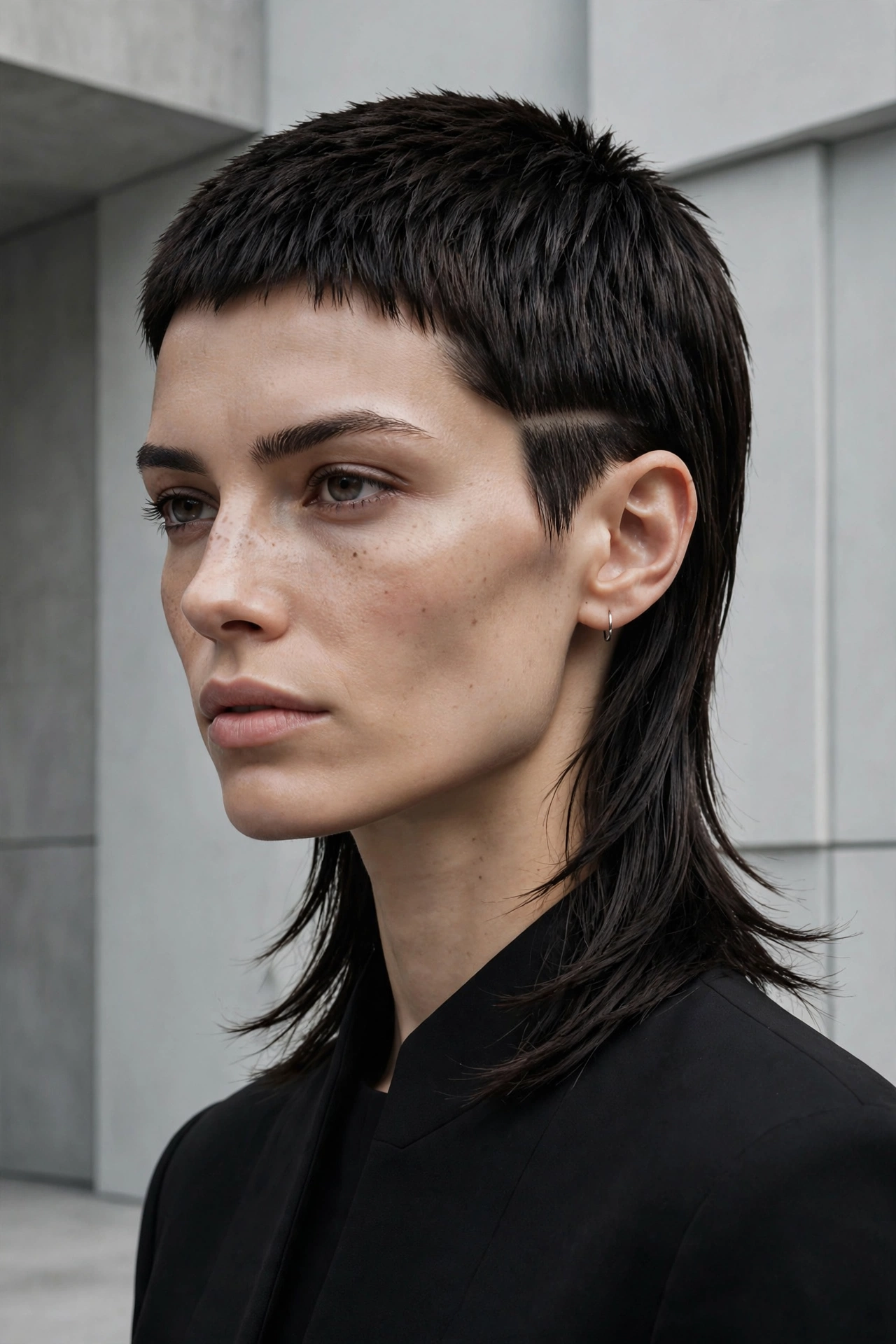 Androgynous woman with sharp mixie haircut, precise lines, minimal styling, studio portrait
