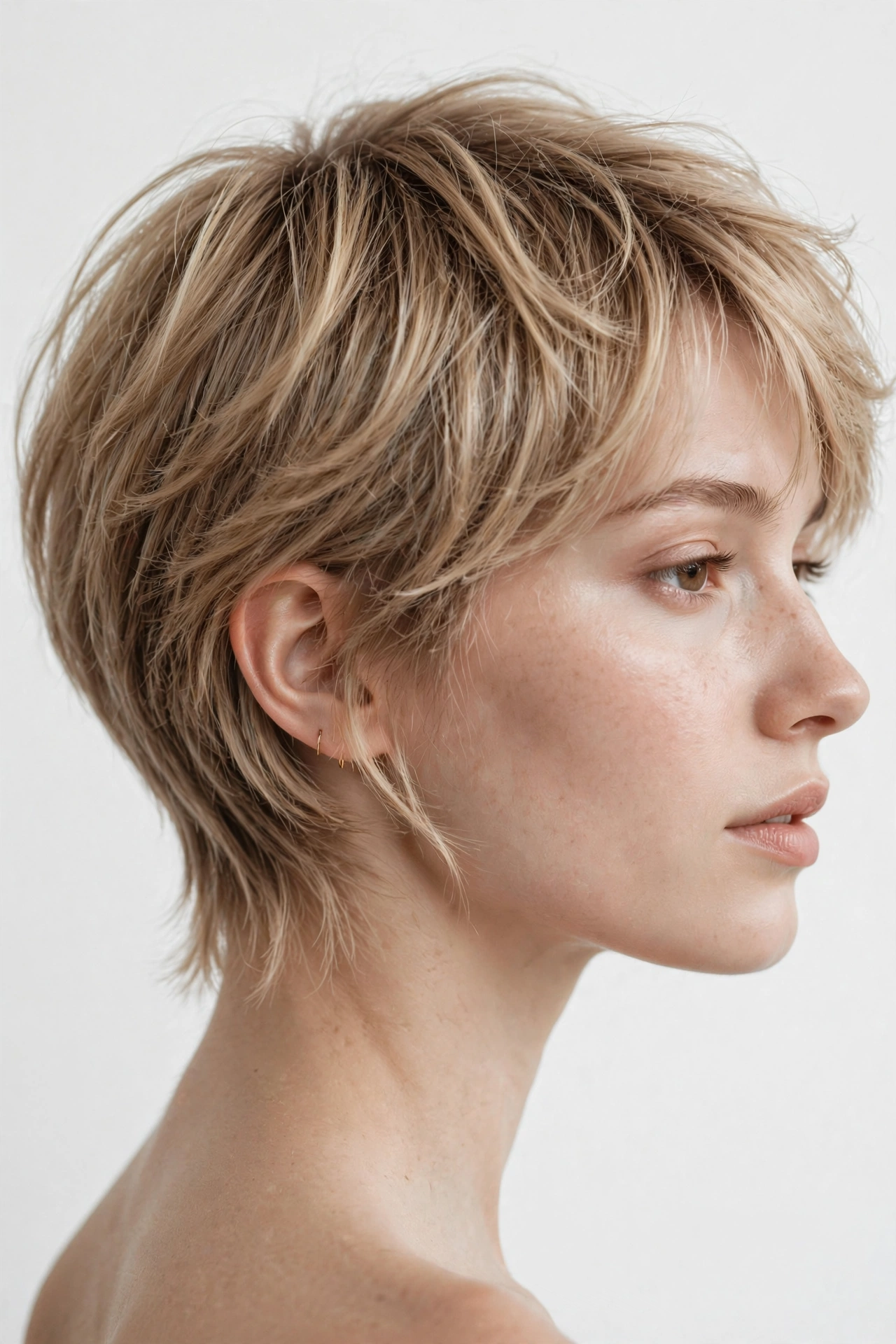 Woman with soft feminine mixie haircut, wispy feathered texture, gentle romantic styling