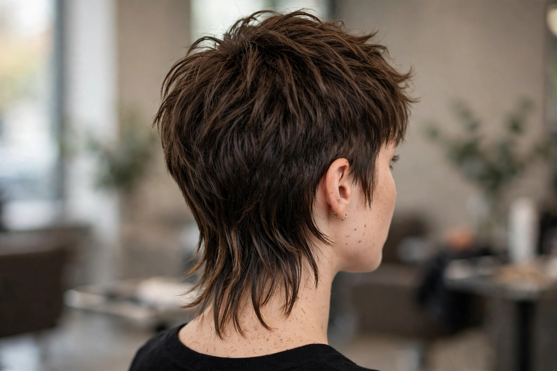 Woman with mixie haircut and notably long textured nape, back view showing length, styled ends