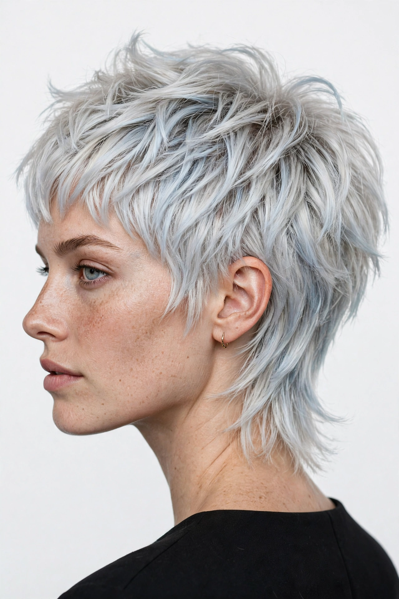 Woman with platinum blonde bleached mixie haircut, icy tones emphasizing cut architecture