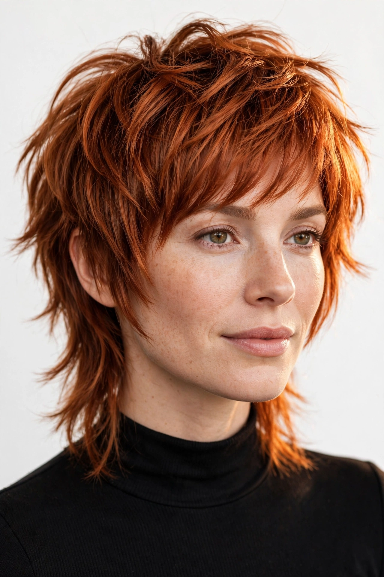 Woman with copper mixie haircut, rich warm tones glowing on textured layers