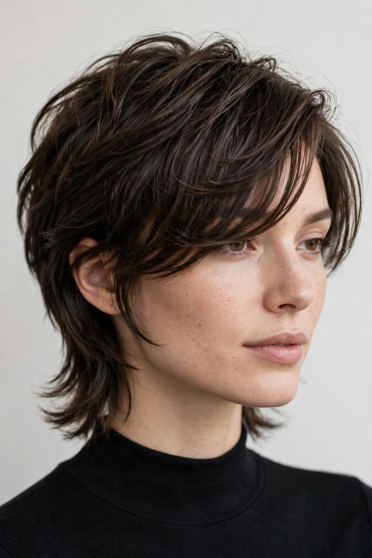 Woman with mixie haircut and long side-swept fringe from deep side part, elegant styling