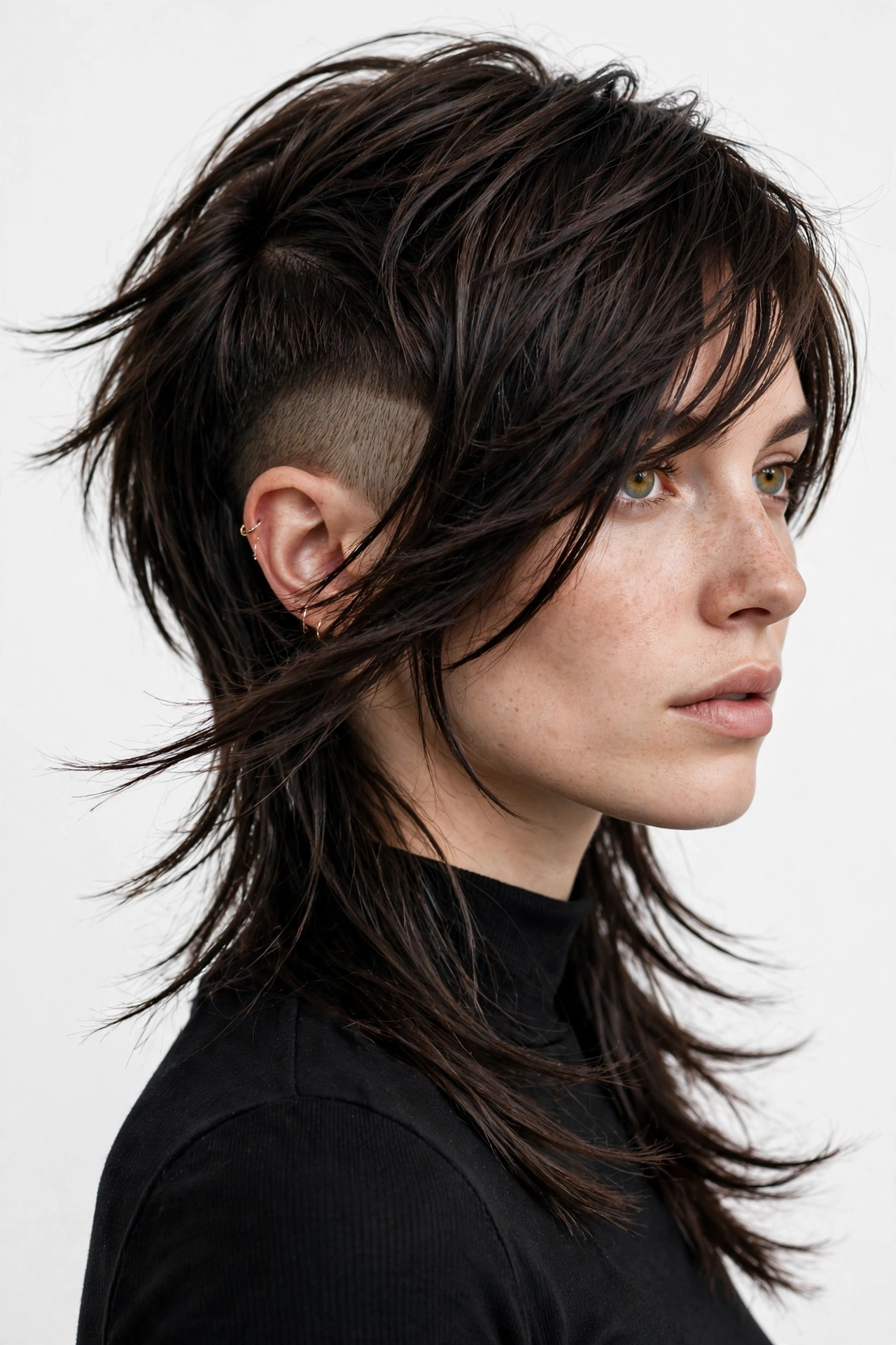 Woman with asymmetrical mixie haircut, one side cropped short, other side longer sweeping fringe