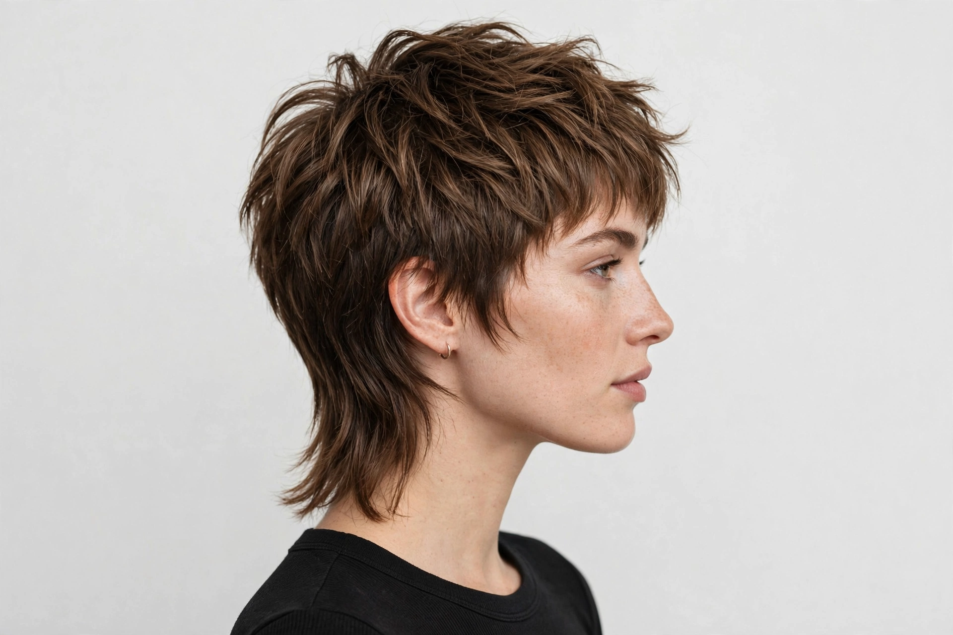 Woman in pixie grow-out phase styled as intentional mixie, textured top with growing nape