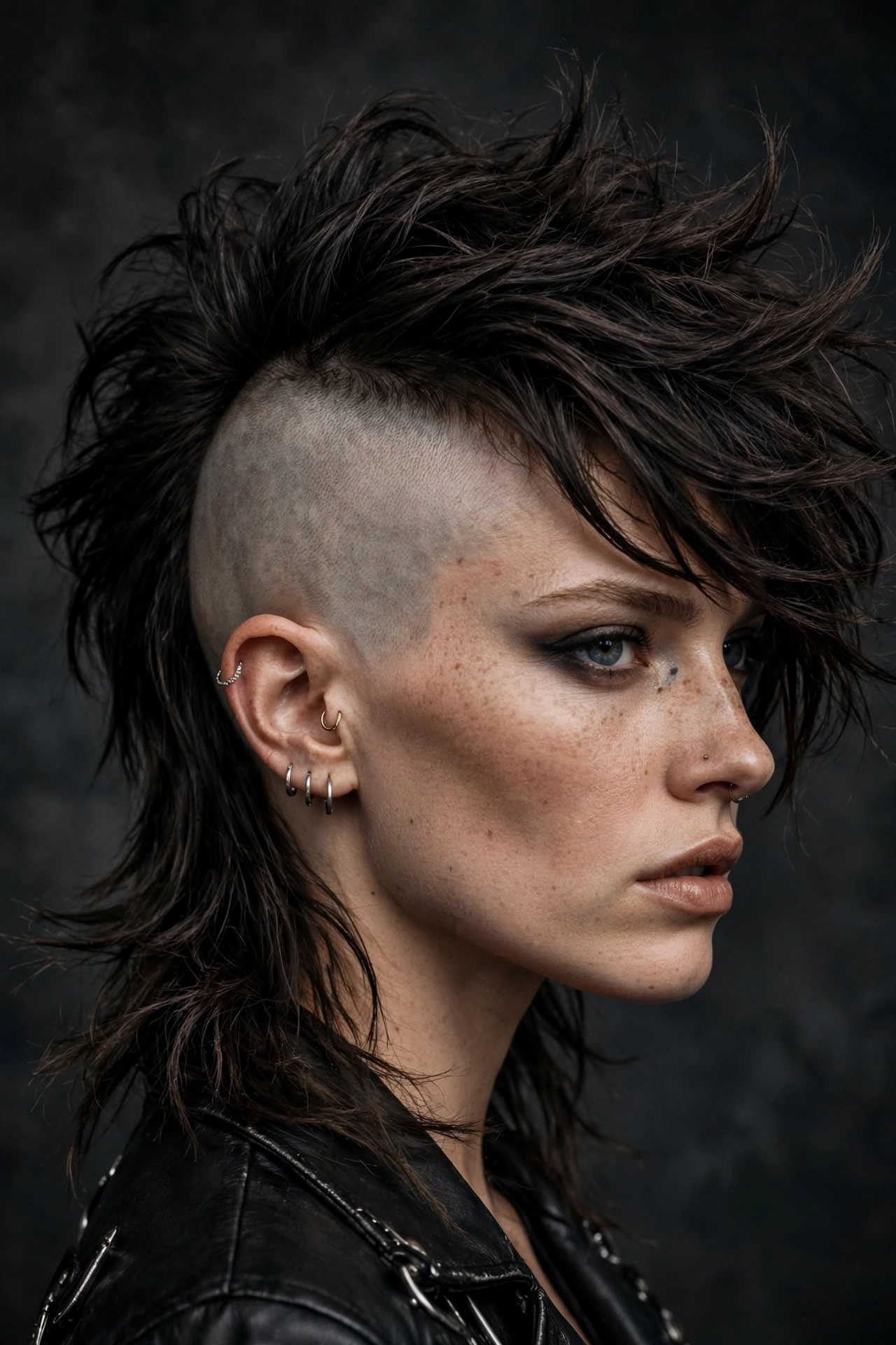 Woman with mixie and one fully shaved side, top swept over dramatically, punk styling