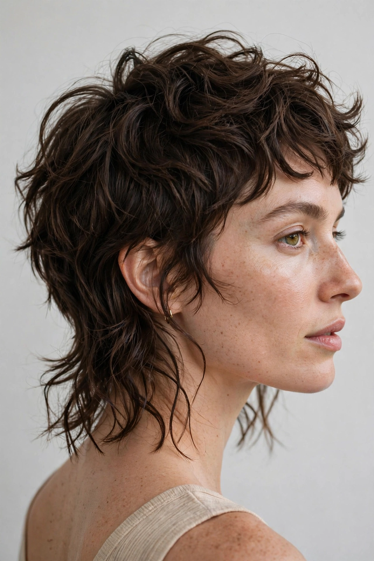 Woman with wavy mixie haircut, natural waves giving volume on top and flicked nape