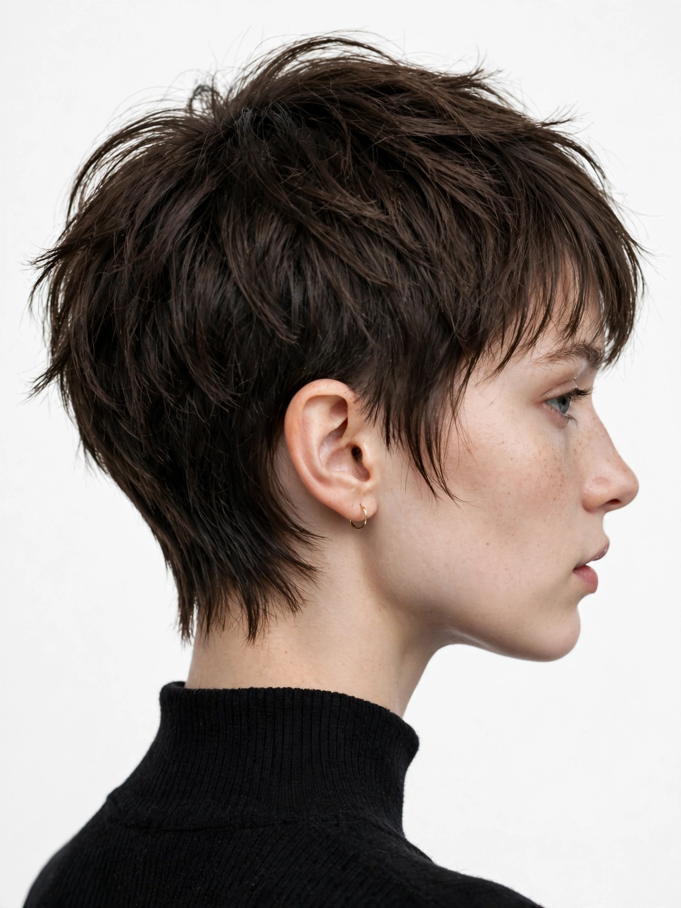Woman with mixie haircut, delicate baby bangs and clean tapered nape, gamine chic portrait