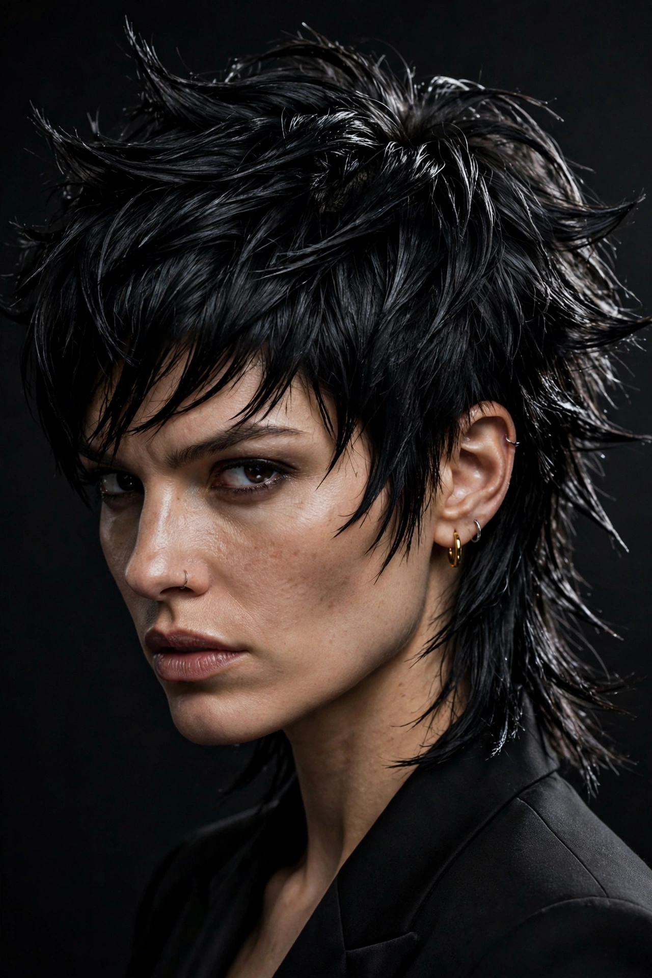 Woman with jet-black edgy mixie haircut, sharp texture and shine, dramatic lighting