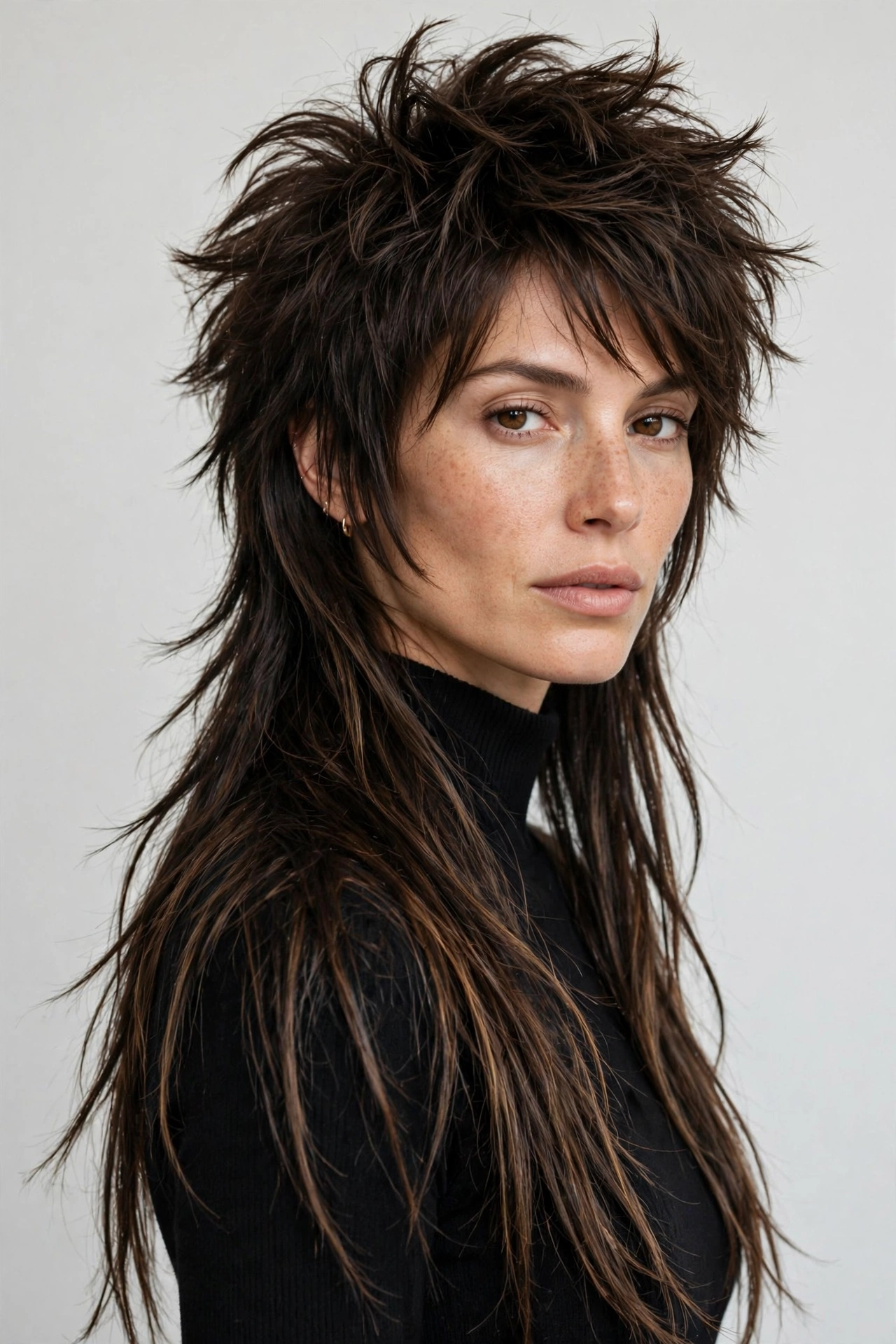 Woman with long mixie-mullet hybrid, extended textured top and long piece-y nape past collar