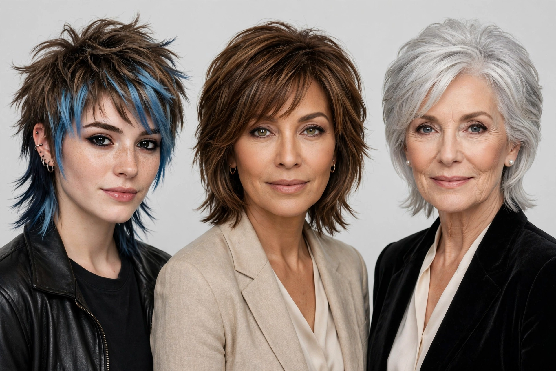 Three women of different ages with mixie haircuts, young edgy, professional soft, silver elegant