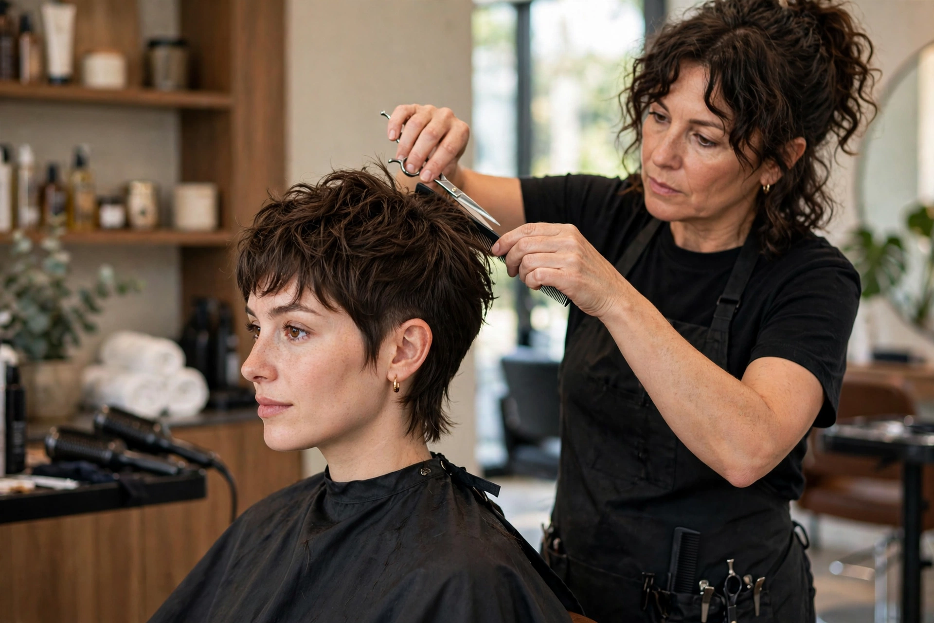 Woman getting mixie haircut maintenance trim at salon, stylist shaping textured top