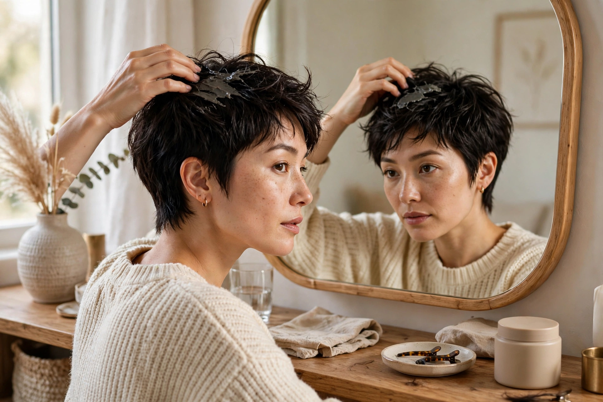 Woman styling mixie haircut at home, applying matte paste with fingers, vanity mirror