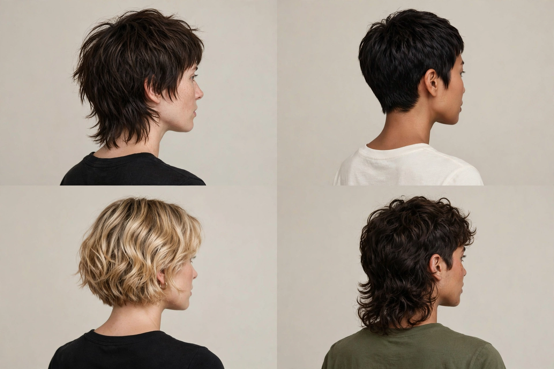 Diagram-style photo showing mixie cut vs pixie vs bixie vs mullet on four women, back and side views