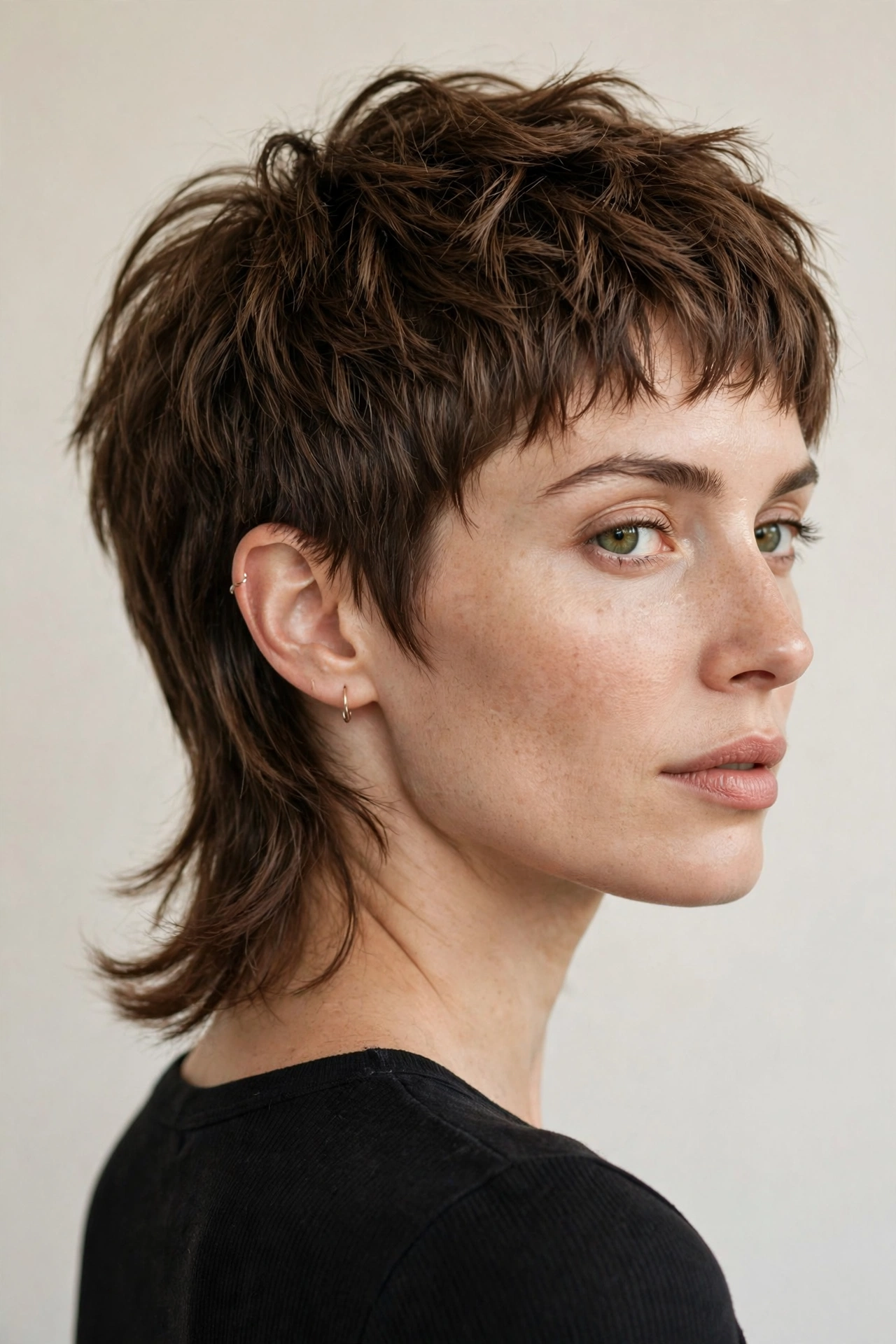 Woman with mixie haircut, cropped textured pixie front and longer soft mullet nape, salon photography