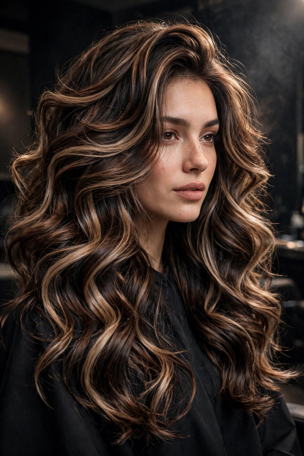 Woman with bold high-contrast mocha balayage, striking dimensional ribbons on voluminous brunette hair, dramatic salon l