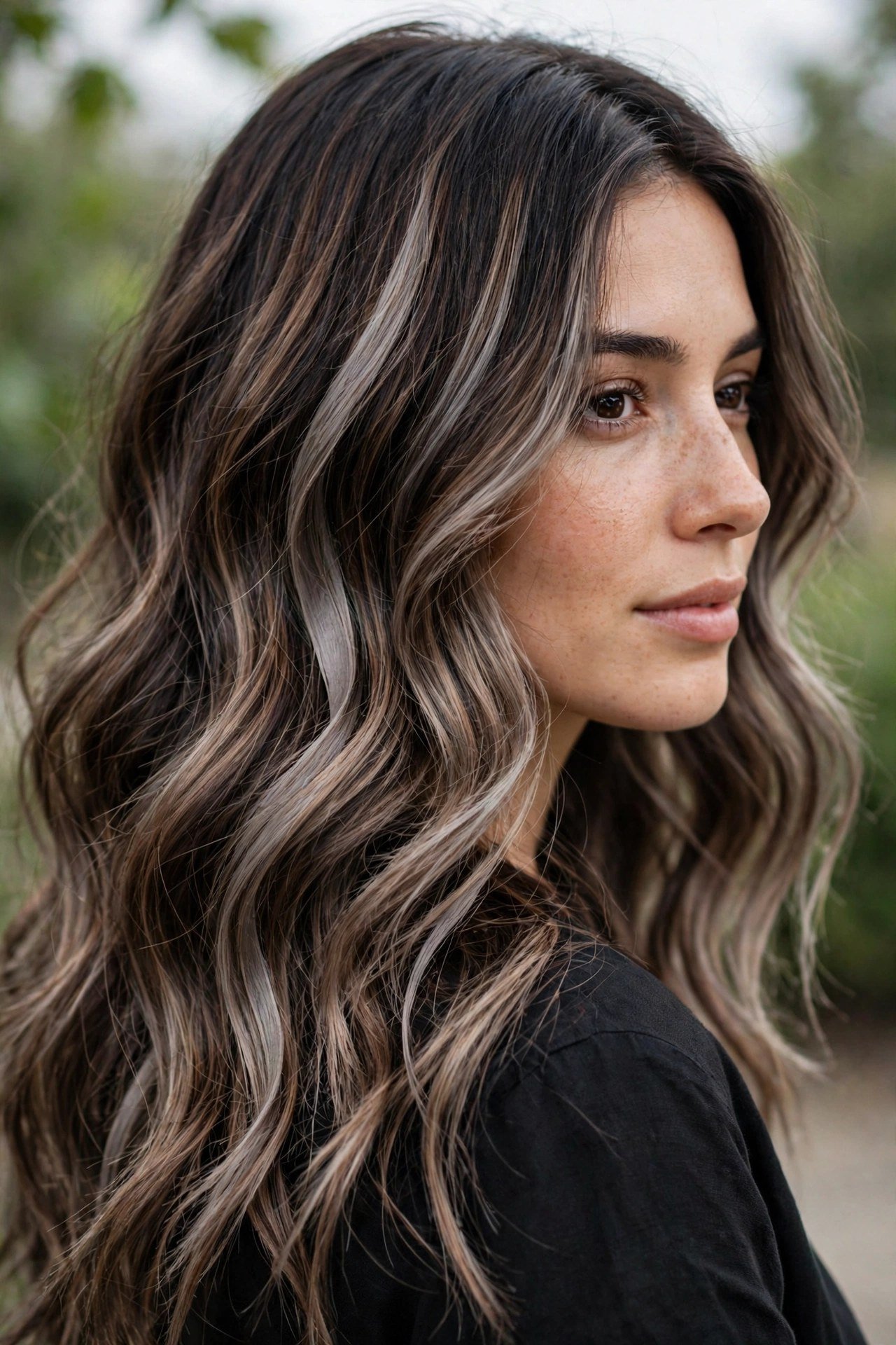 Woman with cool smoky mocha balayage, ash-taupe ribbons through dark brunette hair, soft diffused daylight, premium hair