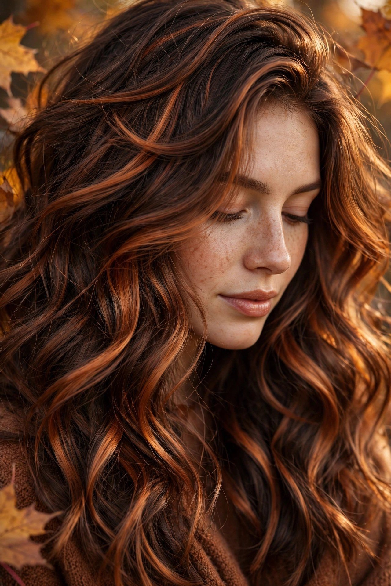 Woman with copper-kissed mocha balayage, warm copper ribbons woven through rich brown hair, autumn-toned lighting, premi
