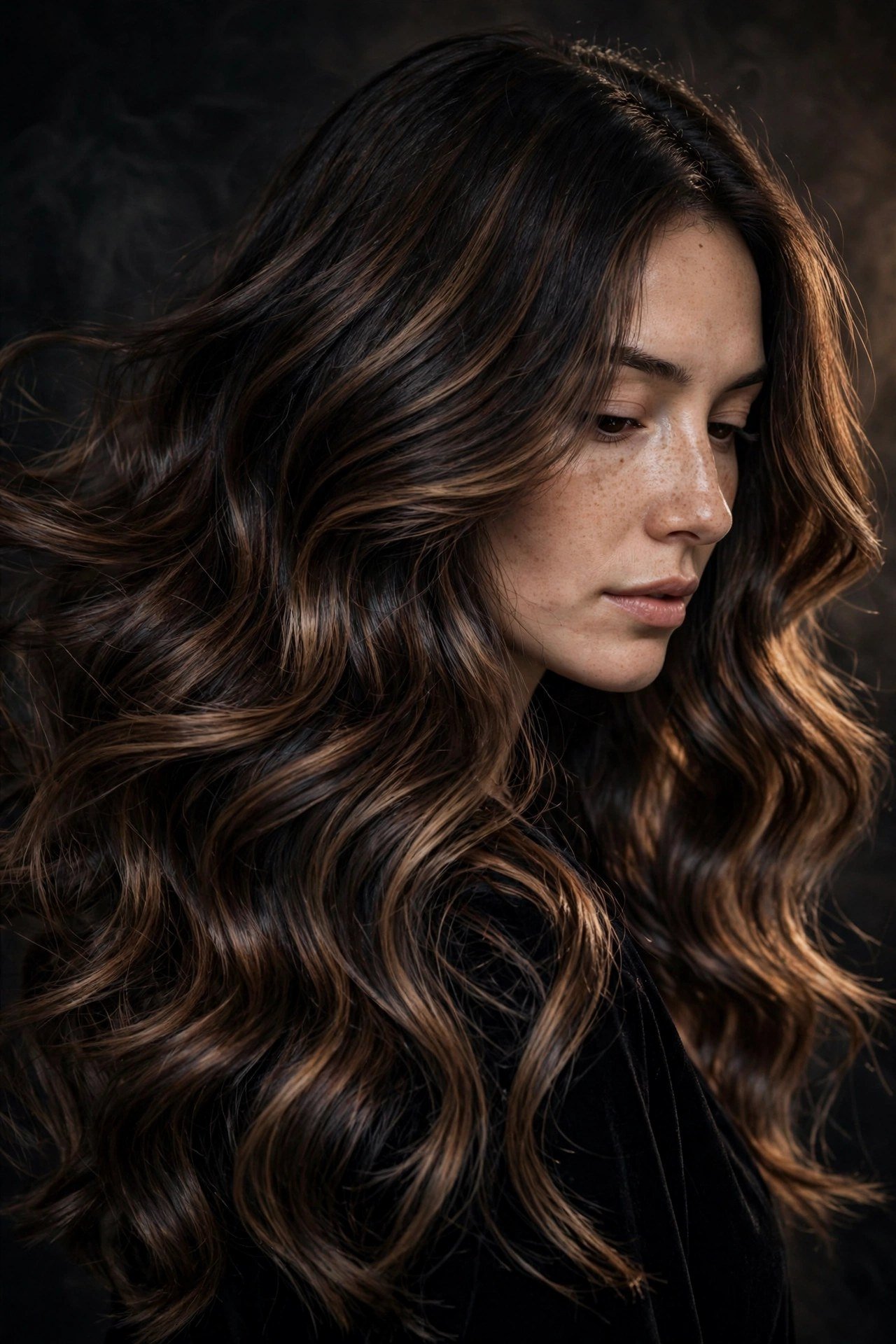 Woman with deep espresso mocha balayage, dark luxurious brunette hair with subtle mocha ribbons, moody elegant lighting,