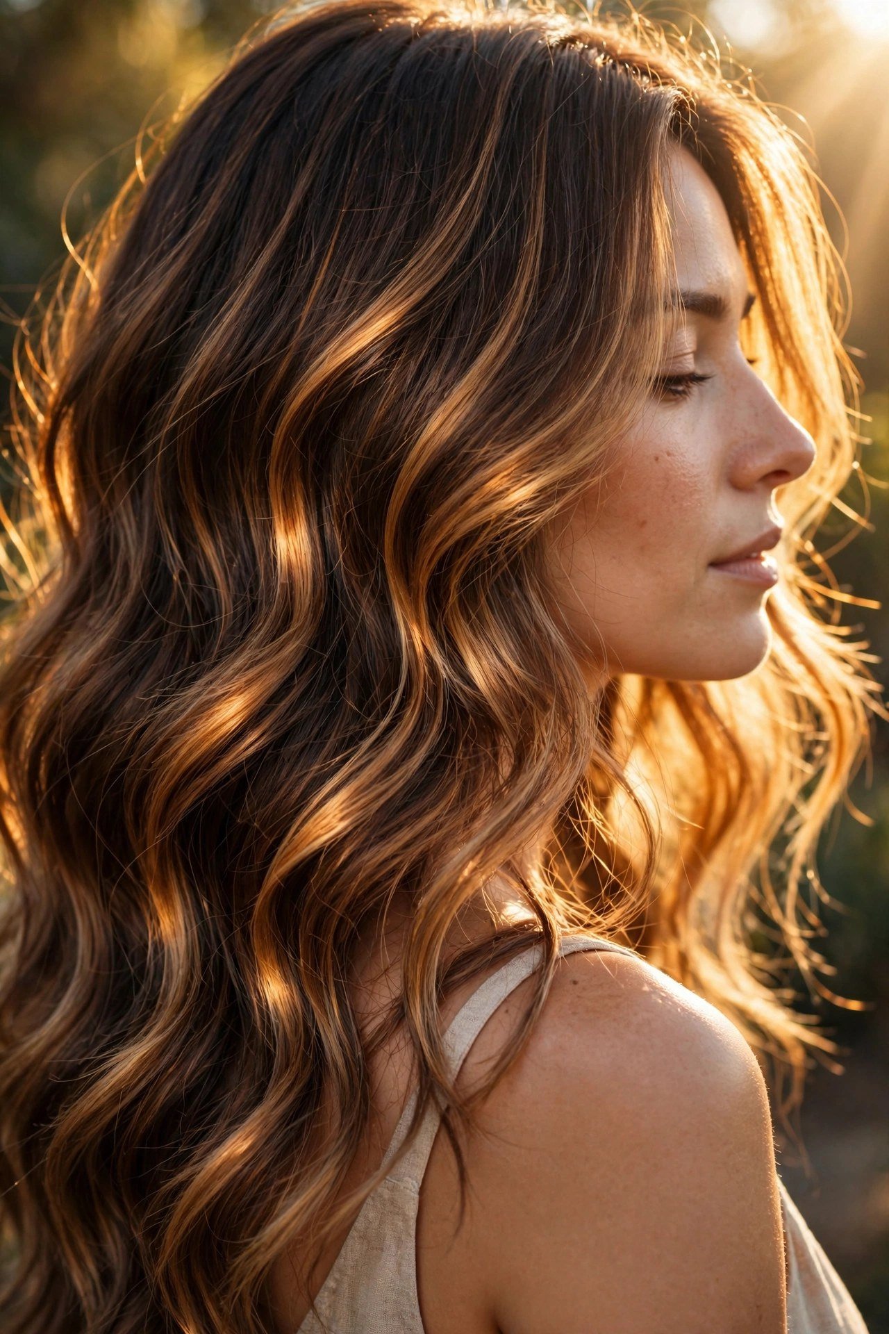 Woman with warm honey mocha balayage, golden caramel ribbons glowing through brunette hair, warm sunlight, premium hair 