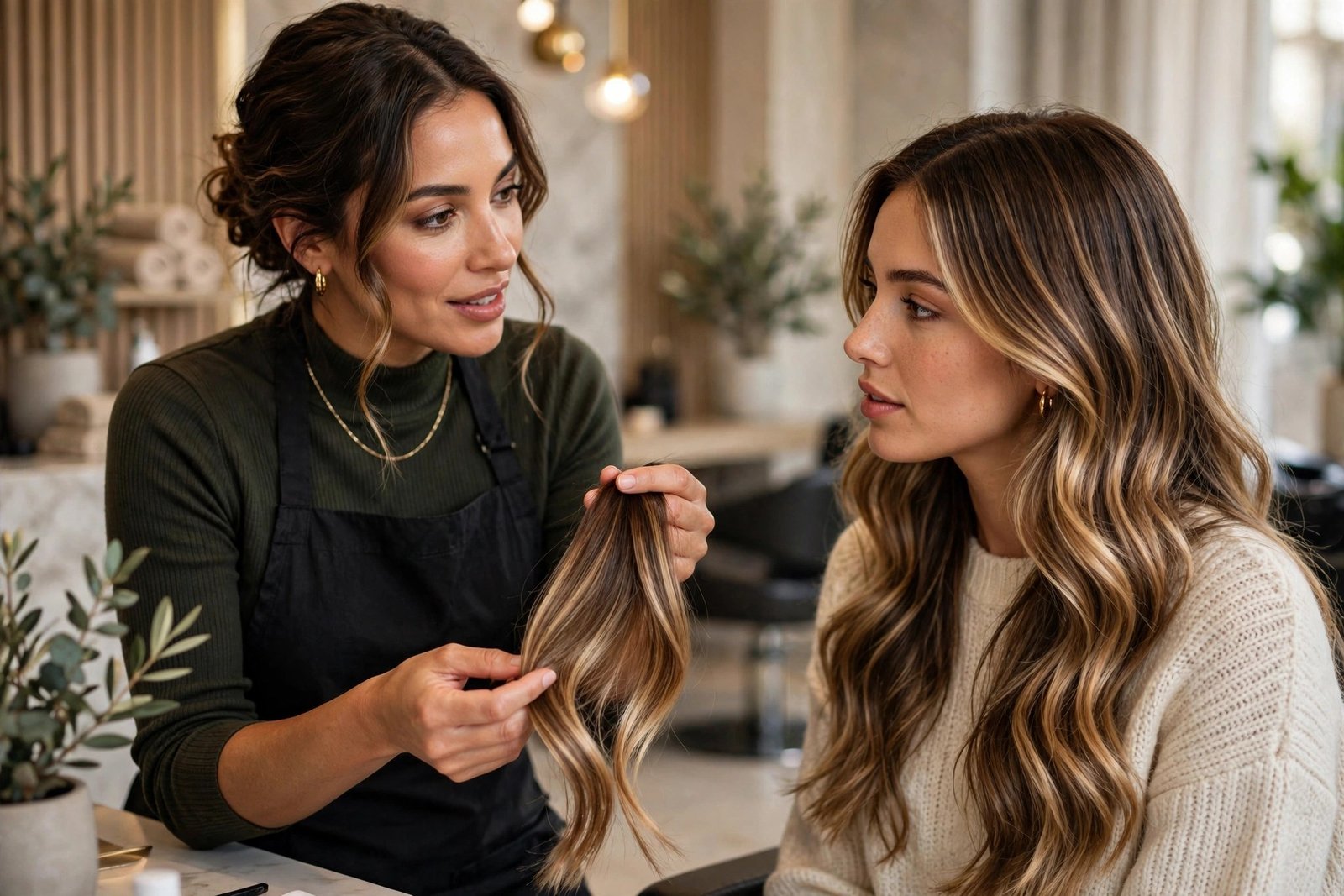 Salon pricing consultation scene, colorist discussing balayage service with client, modern upscale salon interior