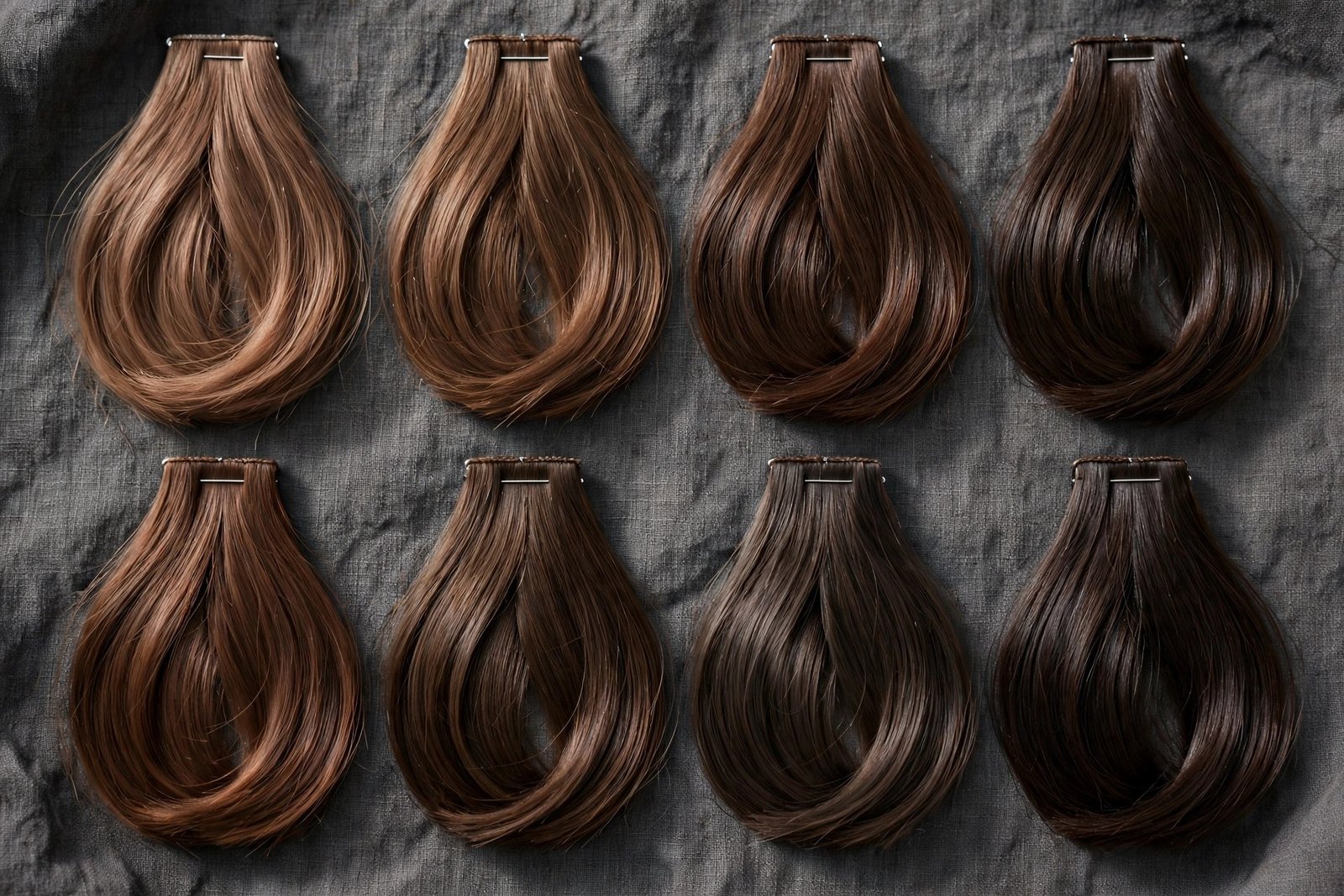 Colorist's hair swatch chart showing mocha and brunette tone variations, professional salon detail photo