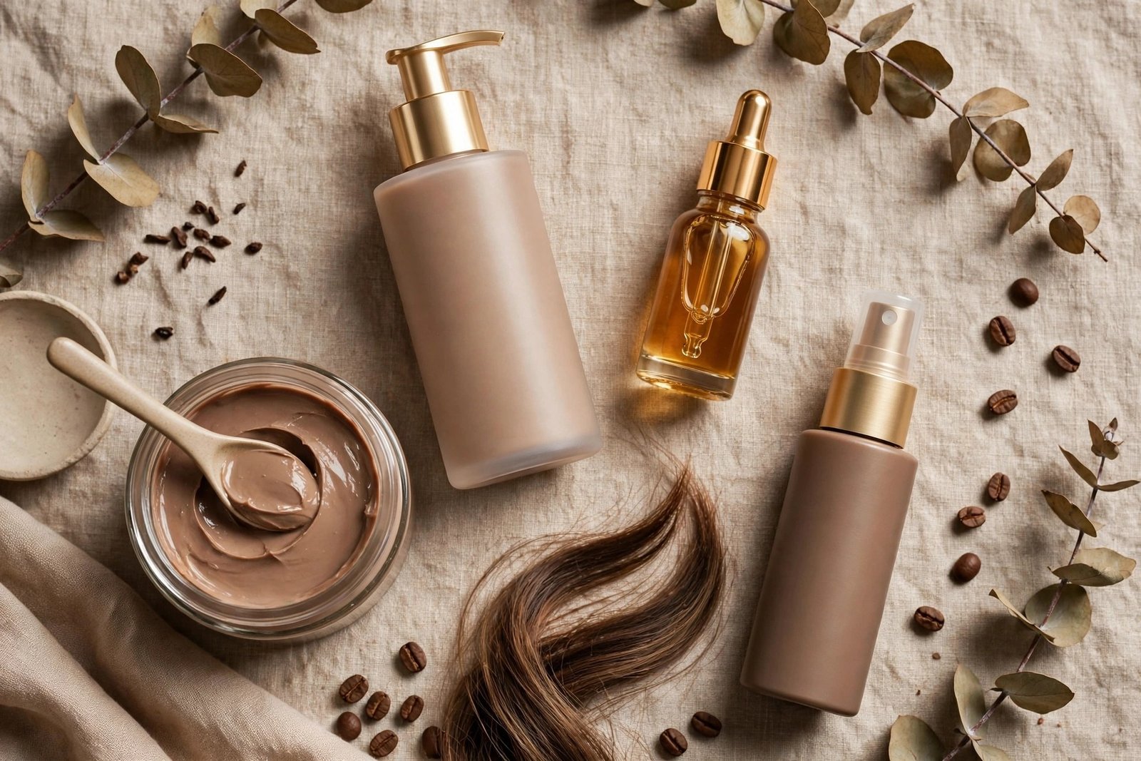 Hair care flat lay for maintaining mocha balayage - sulfate-free shampoo, gloss treatment, hair mask and heat protectant