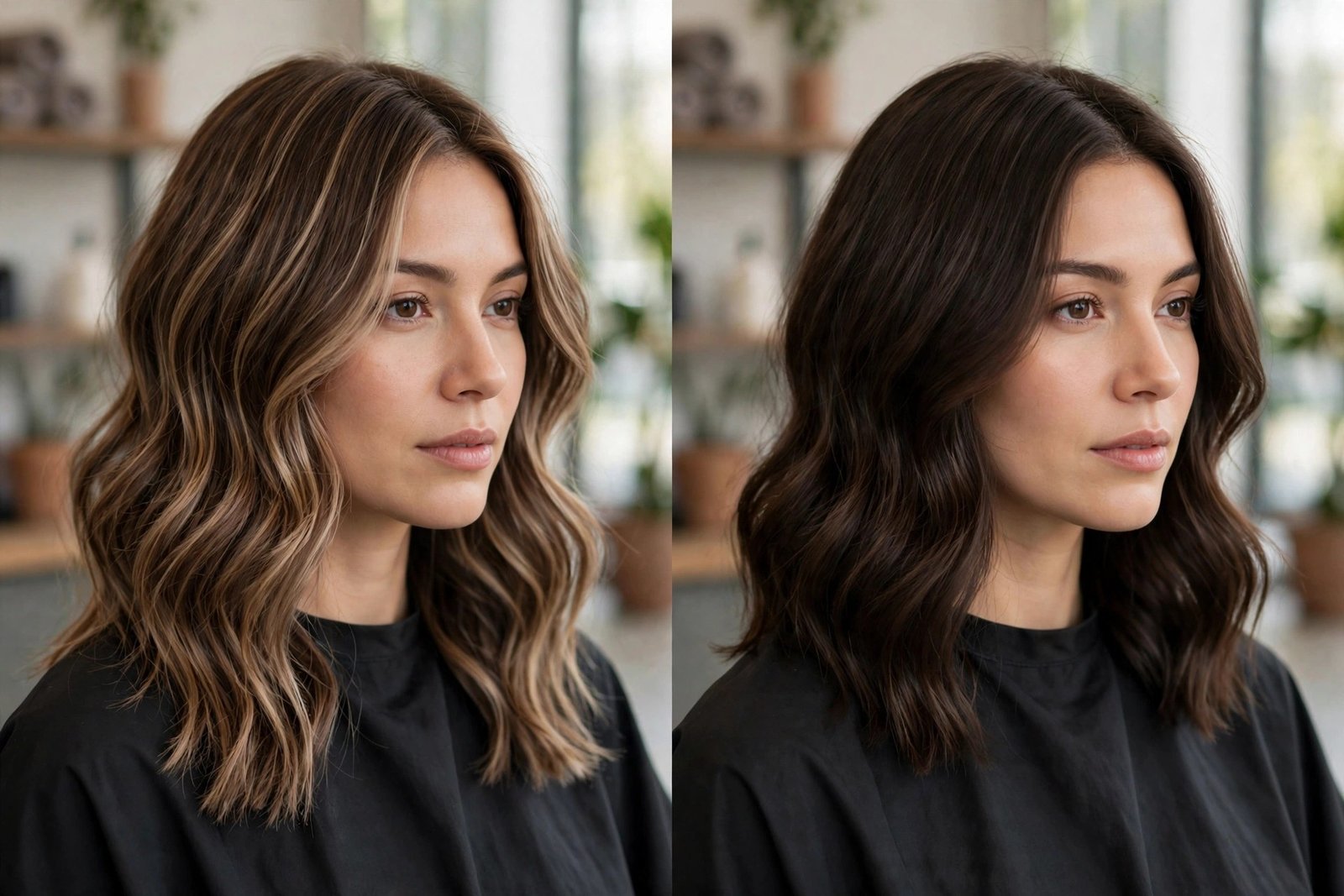 Comparison-style salon photo showing mocha balayage with dimensional ribbons next to solid dark brown hair, soft natural
