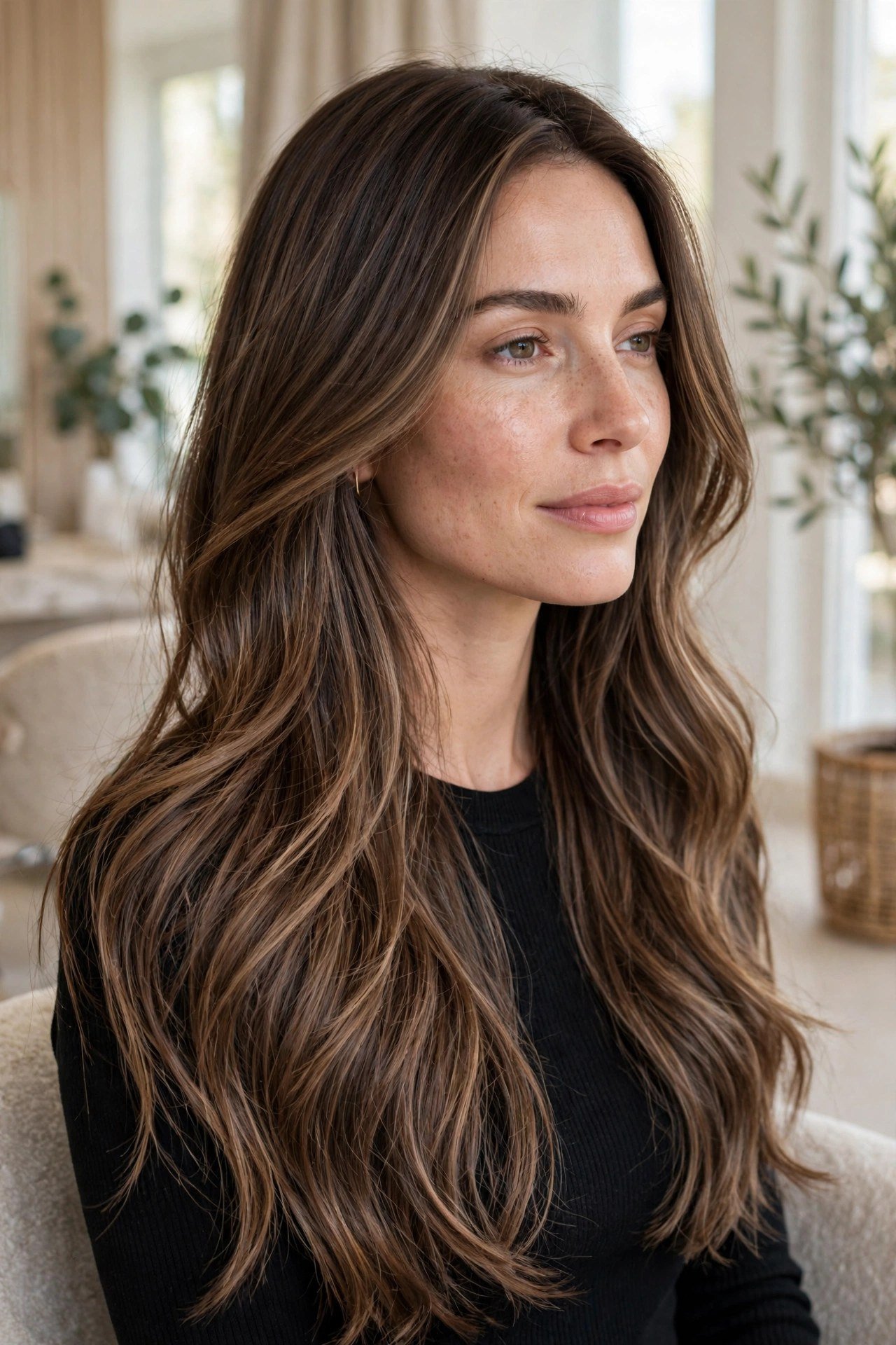 Woman with subtle quiet-luxury mocha balayage, soft natural-looking dimension on long brunette hair, bright airy salon p