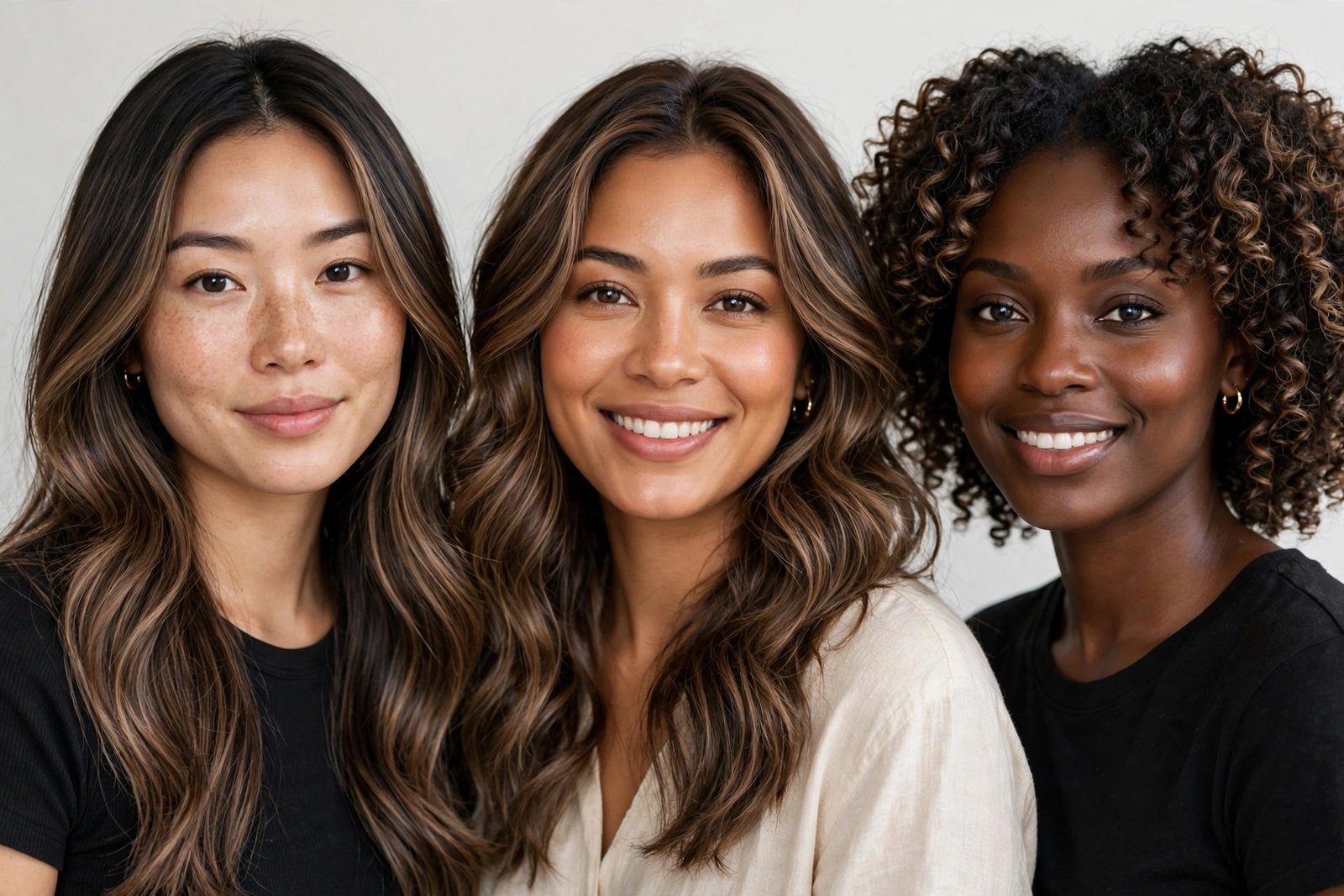Three women with different skin tones showing mocha balayage variations, natural diverse beauty photography, clean backg