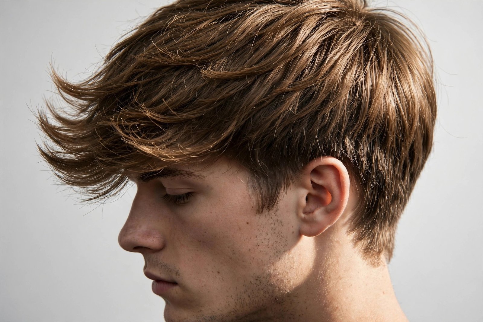 Close-up of a mod cut showing the rounded silhouette, full textured fringe and softly layered sides