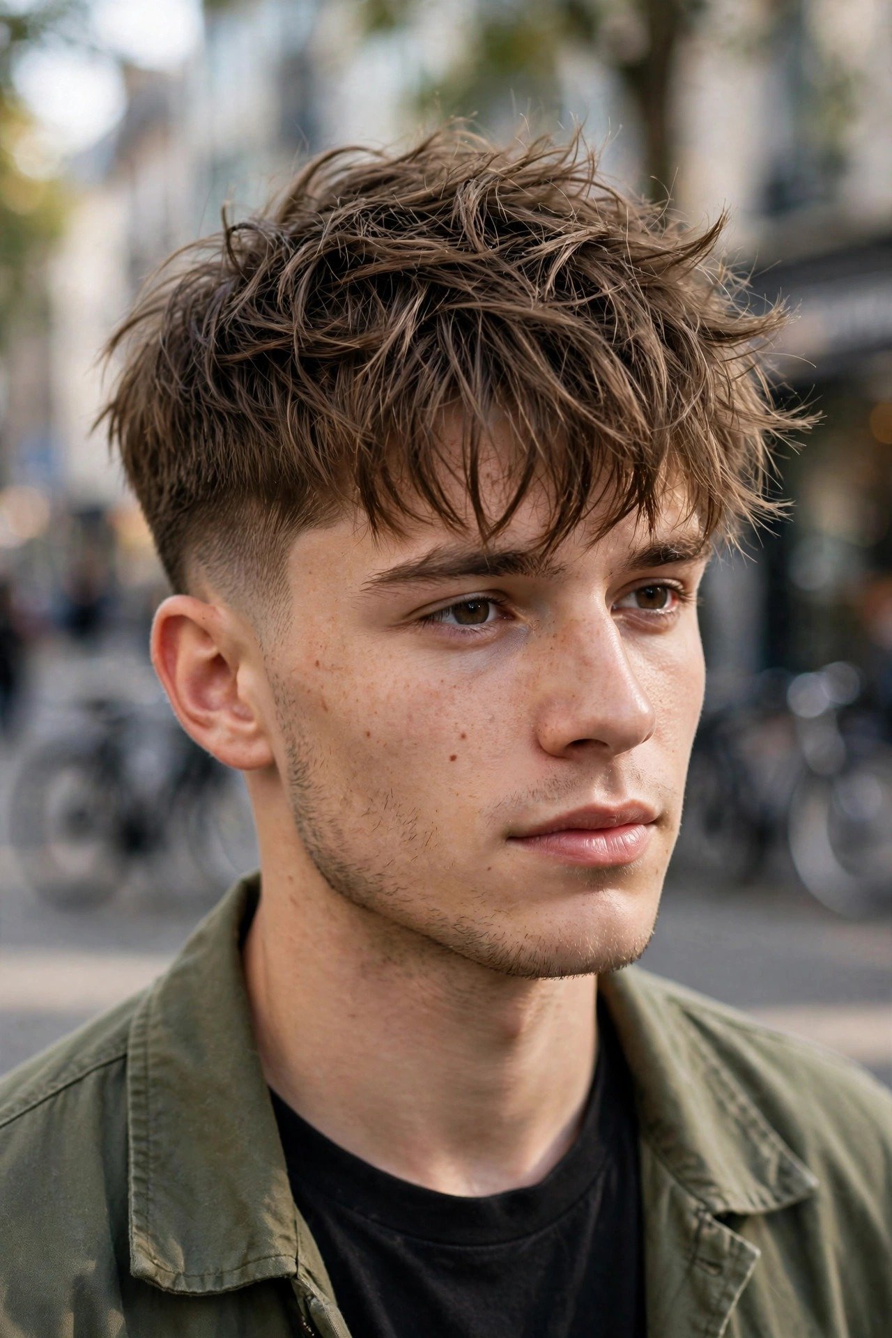 Man with a modern textured mod cut in 2026 style, tousled fringe and natural movement