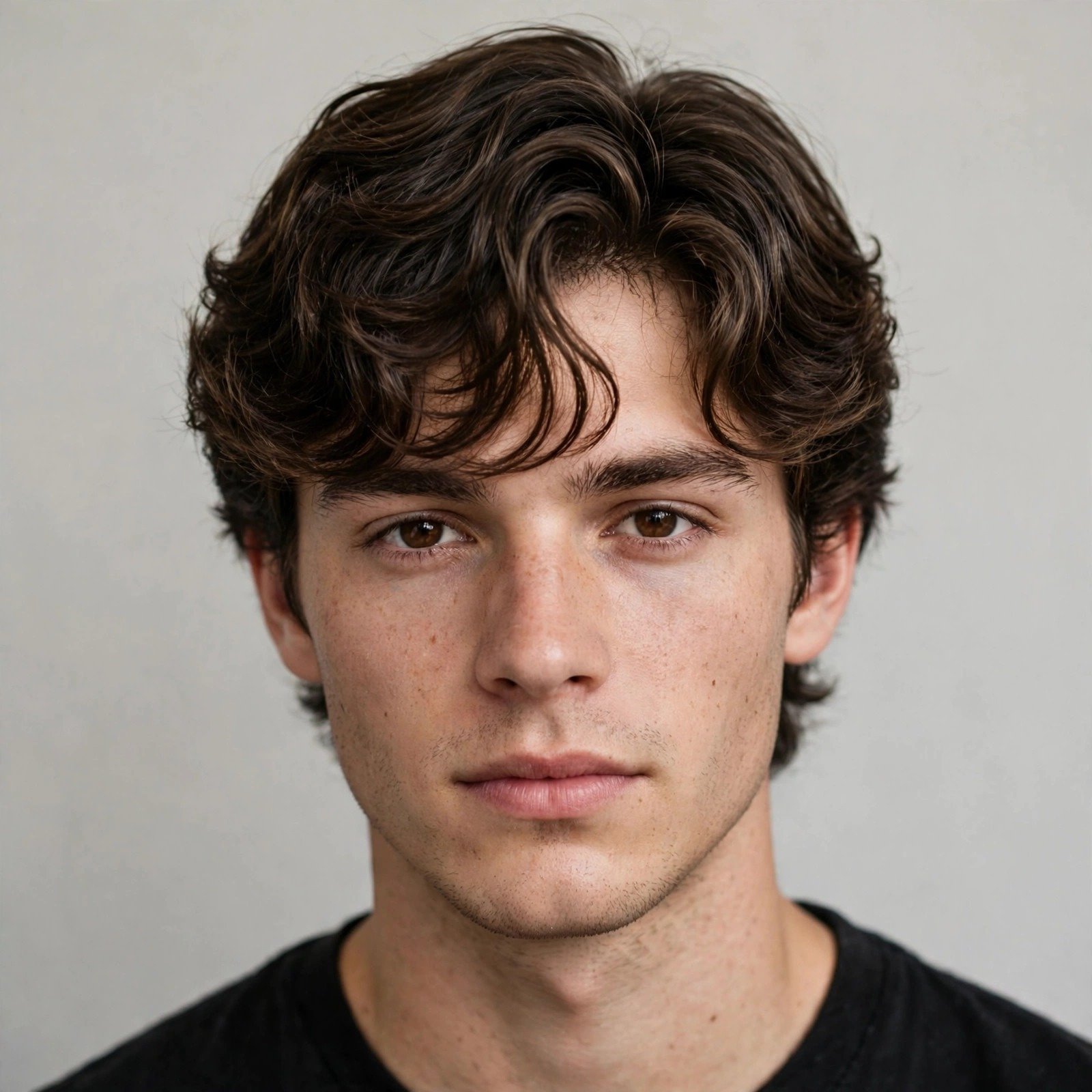 Young man with messy textured mod cut, tousled fringe and casual effortless styling