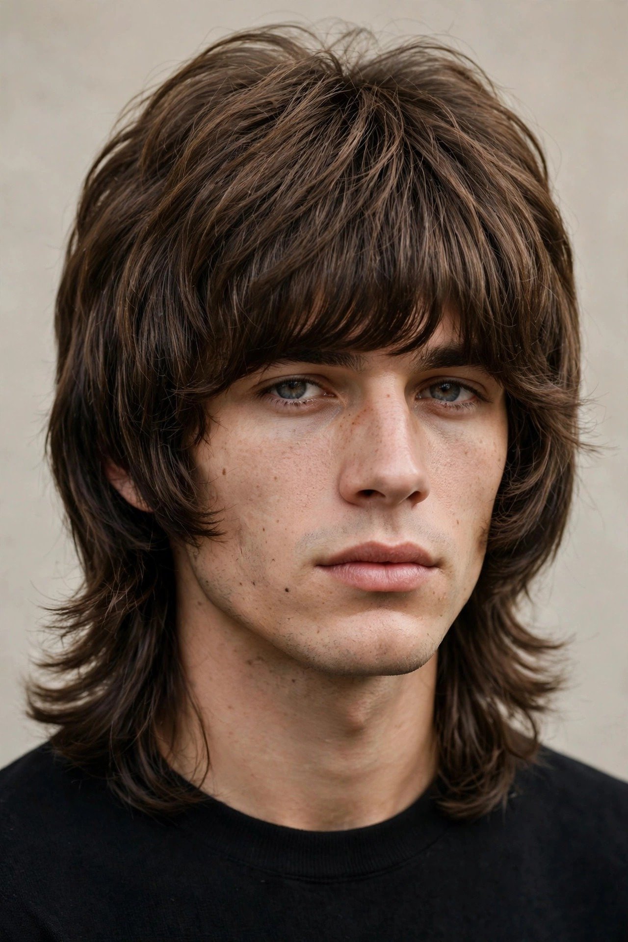 Man with modern Britpop-inspired mod cut, strong textured fringe and 90s Manchester vibe